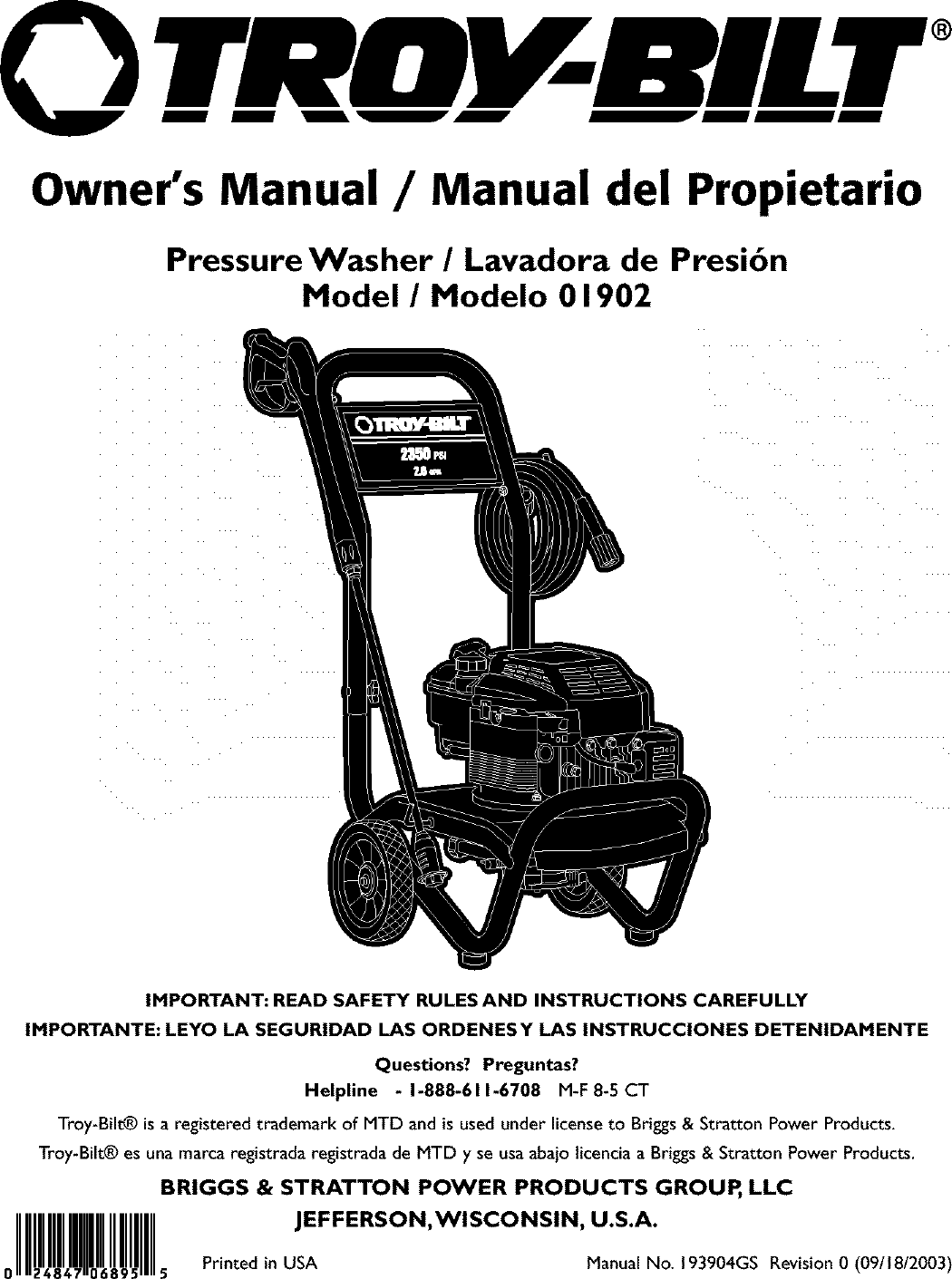 Troybilt 01902 User Manual PRESSURE WASHER Manuals And Guides L0403279
