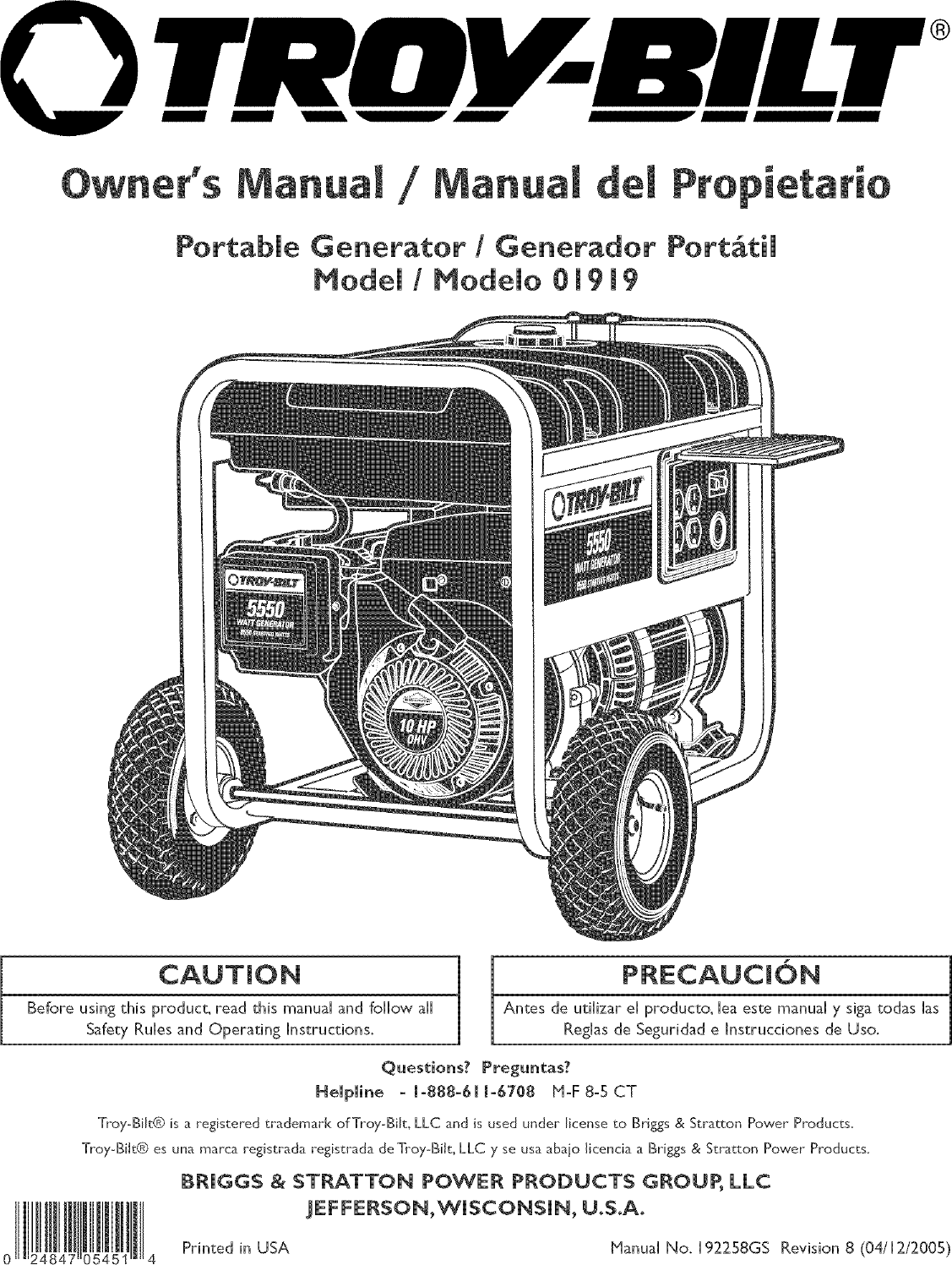 Troybilt 01919 User Manual PORTABLE GENERATOR Manuals And Guides L0505033