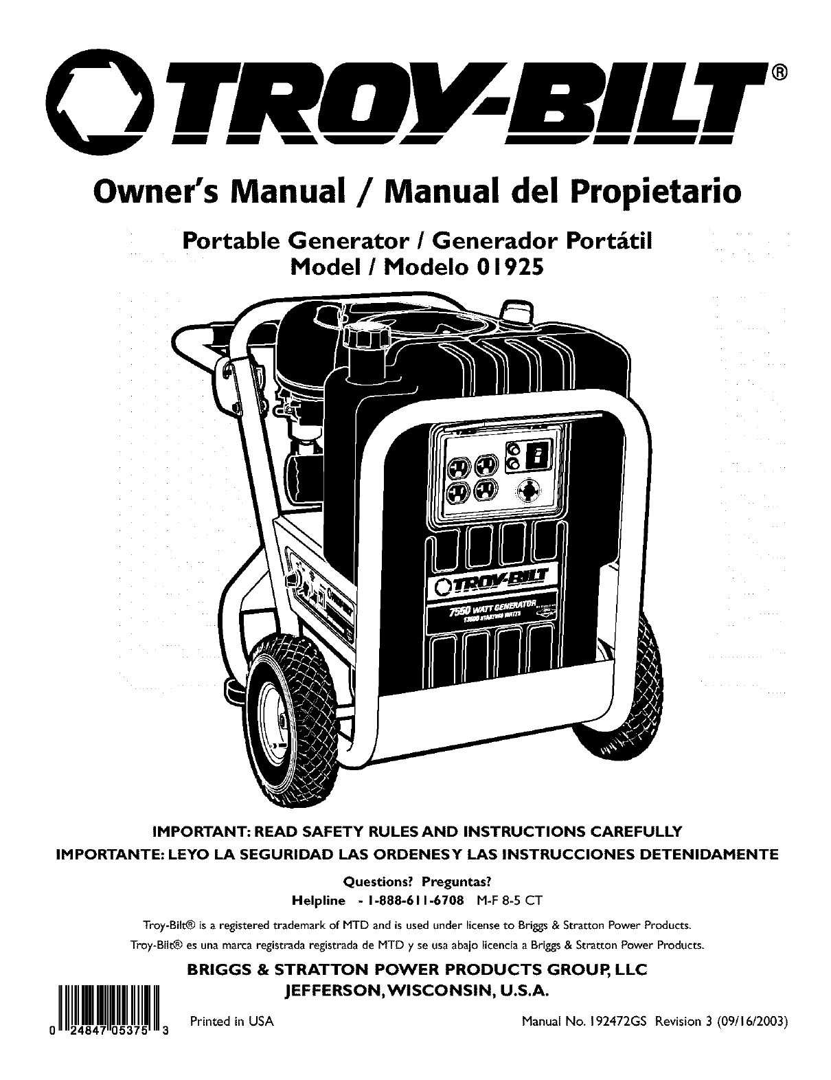 Troy Bilt 5550 Watt Generator Manual