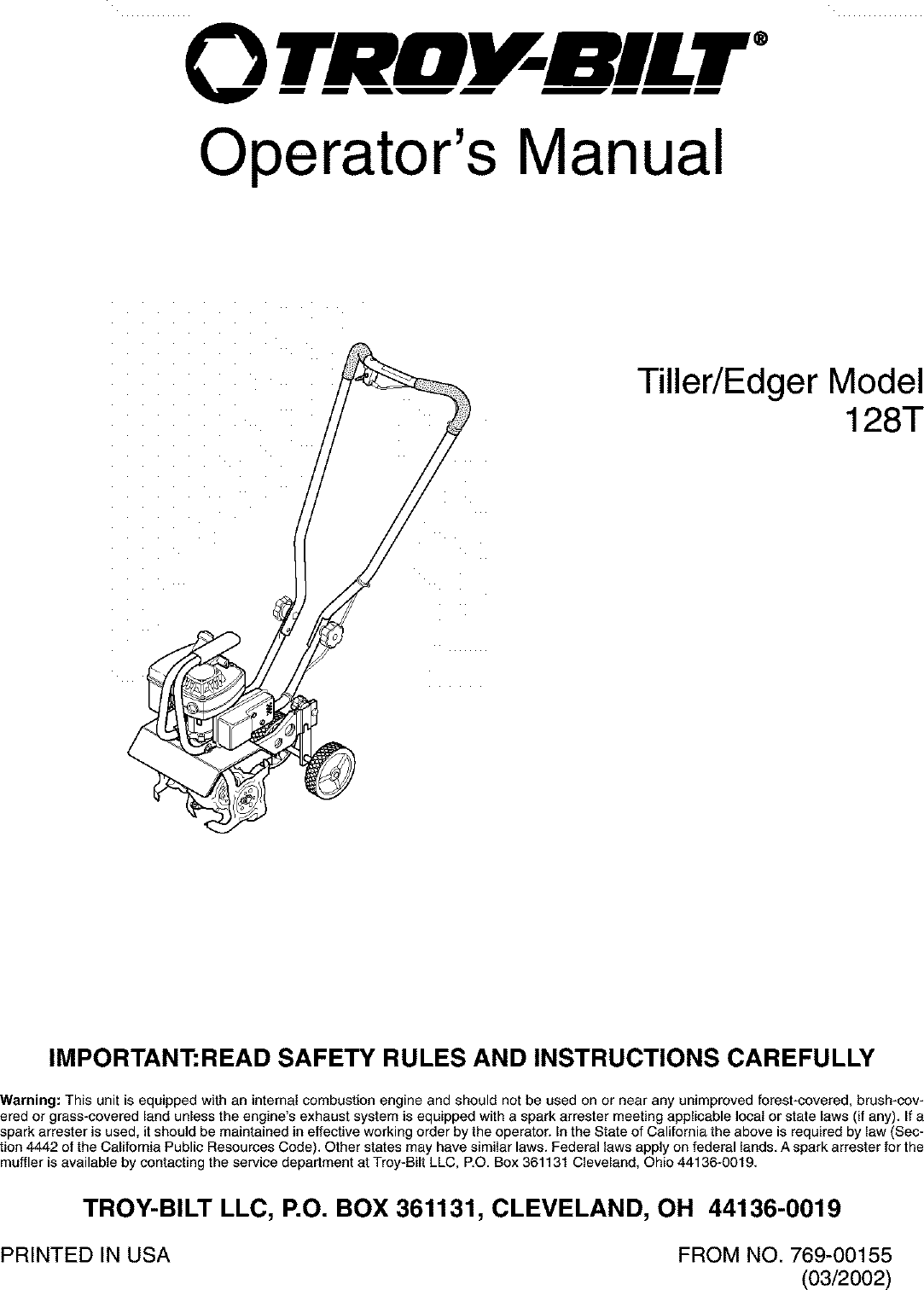 Troybilt 128T User Manual TILLER/EDGER Manuals And Guides L0401093
