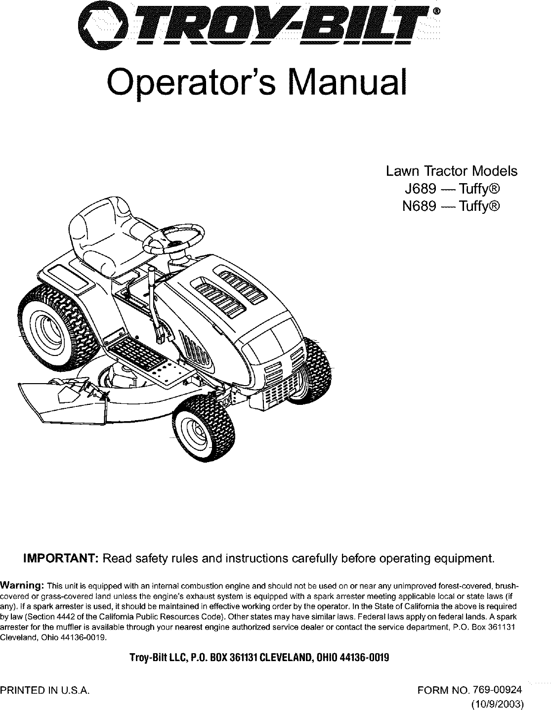 Troybilt 13AJ689G766 User Manual LAWN TRACTOR Manuals And Guides L0403360