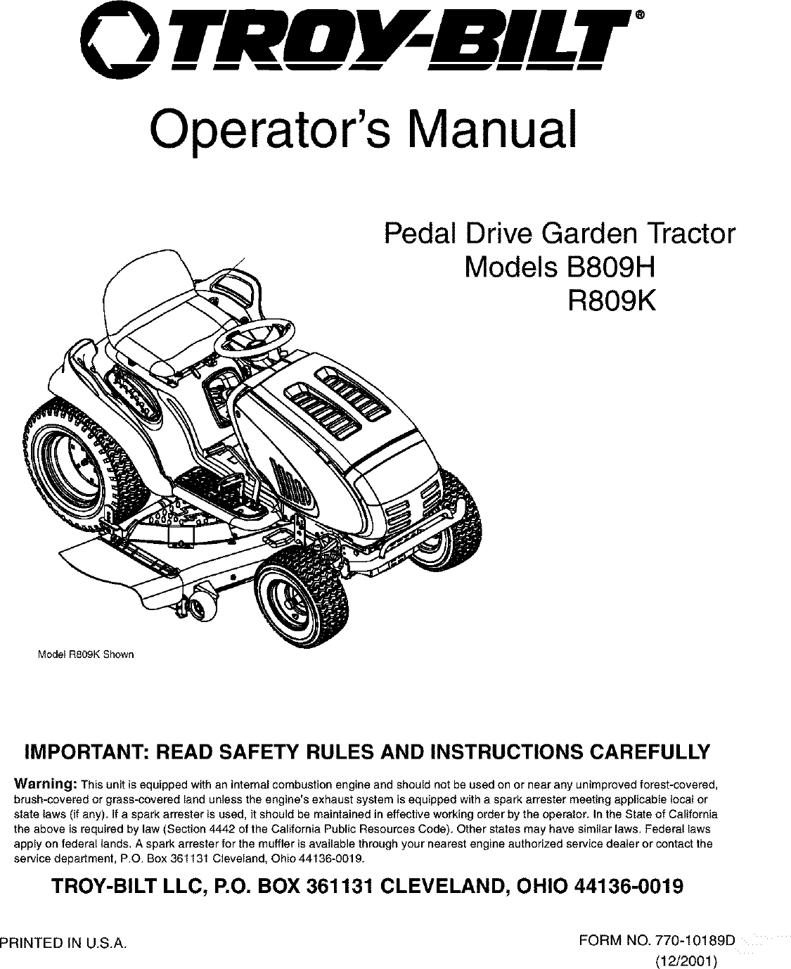 Troybilt 14AR809K063 User Manual LAWN TRACTOR Manuals And Guides L0401104