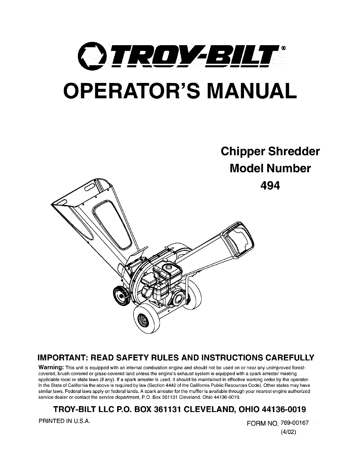 Troybilt 24A 494G063 User Manual CHIPPER SHREDDER Manuals And Guides  L0401091