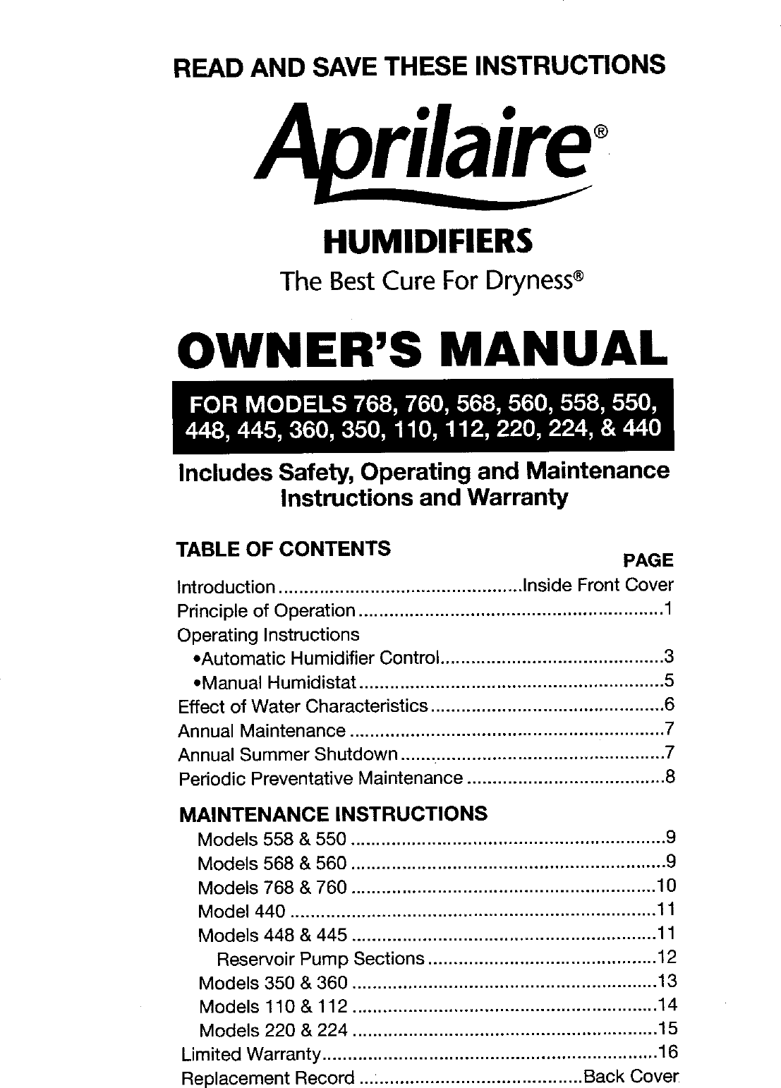 Troybilt 440 User Manual APRILAIRE HUMIDIFIER Manuals And Guides L0601259