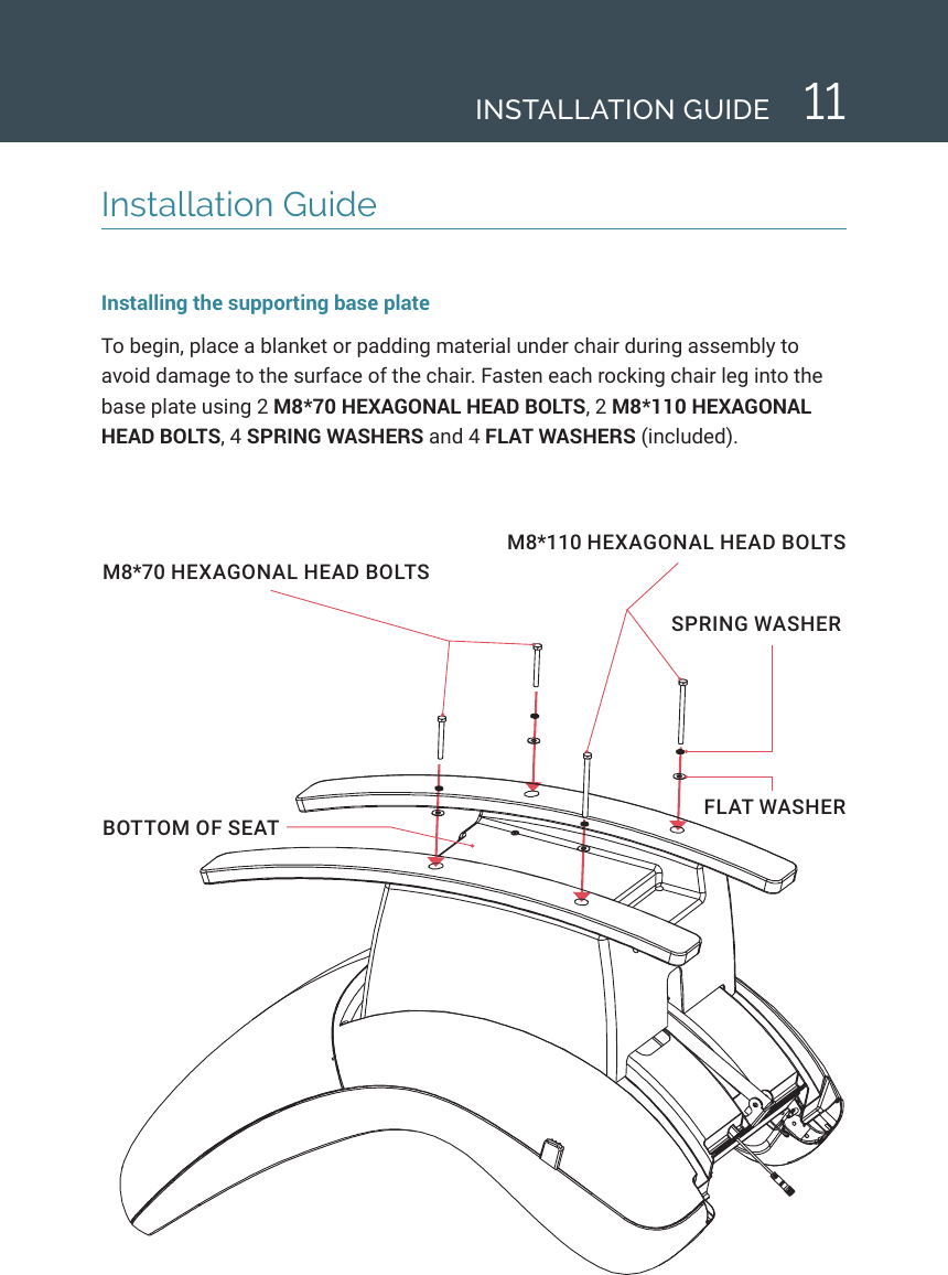 11INSTALLATION GUIDEInstallation GuideInstalling the supporting base plate To begin, place a blanket or padding material under chair during assembly to avoid damage to the surface of the chair. Fasten each rocking chair leg into the base plate using 2 M8*70 HEXAGONAL HEAD BOLTS, 2 M8*110 HEXAGONAL HEAD BOLTS, 4 SPRING WASHERS and 4 FLAT WASHERS (included).M8*70 HEXAGONAL HEAD BOLTSM8*110 HEXAGONAL HEAD BOLTSSPRING WASHERFLAT WASHERBOTTOM OF SEAT