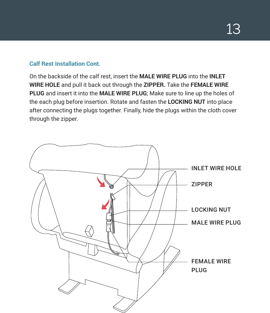 13 (D) COTTER PIN HOLEINLET WIRE HOLEZIPPERLOCKING NUTMALE WIRE PLUGFEMALE WIRE PLUGCalf Rest Installation Cont.On the backside of the calf rest, insert the MALE WIRE PLUG into the INLET WIRE HOLE and pull it back out through the ZIPPER. Take the FEMALE WIRE PLUG and insert it into the MALE WIRE PLUG; Make sure to line up the holes of the each plug before insertion. Rotate and fasten the LOCKING NUT into place after connecting the plugs together. Finally, hide the plugs within the cloth cover through the zipper.