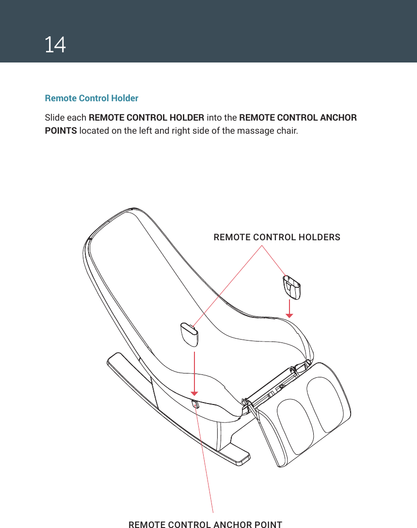 14REMOTE CONTROL ANCHOR POINTREMOTE CONTROL HOLDERSRemote Control HolderSlide each REMOTE CONTROL HOLDER into the REMOTE CONTROL ANCHOR POINTS located on the left and right side of the massage chair. 