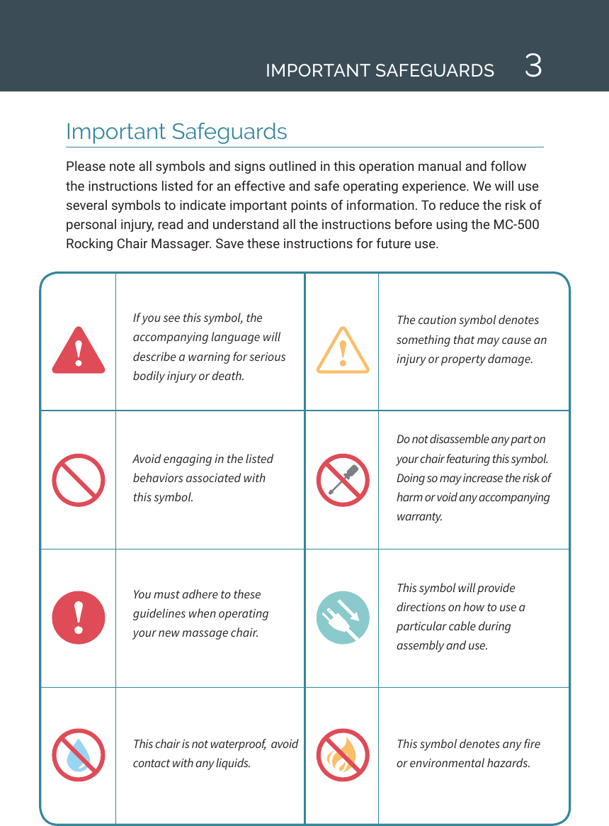3Important SafeguardsPlease note all symbols and signs outlined in this operation manual and follow the instructions listed for an effective and safe operating experience. We will use several symbols to indicate important points of information. To reduce the risk of personal injury, read and understand all the instructions before using the MC-500 Rocking Chair Massager. Save these instructions for future use.If you see this symbol, the accompanying language will describe a warning for serious bodily injury or death. The caution symbol denotes something that may cause an injury or property damage. Avoid engaging in the listed behaviors associated with  this symbol. Do not disassemble any part on your chair featuring this symbol. Doing so may increase the risk of harm or void any accompanying warranty. You must adhere to these guidelines when operating  your new massage chair. This symbol will provide directions on how to use a particular cable during  assembly and use.This chair is not waterproof,  avoid contact with any liquids.This symbol denotes any fire  or environmental hazards.IMPORTANT SAFEGUARDS