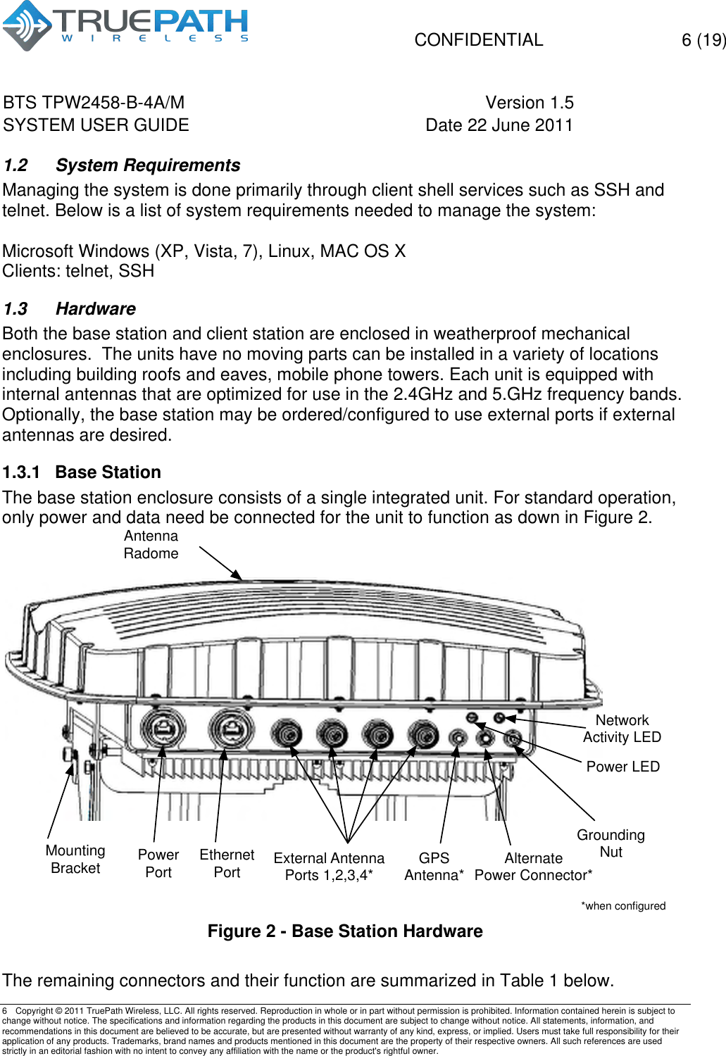  CONFIDENTIAL  6 (19)  BTS TPW2458-B-4A/M Version 1.5   SYSTEM USER GUIDE Date 22 June 2011    6  Copyright &copy; 2011 TruePath Wireless, LLC. All rights reserved. Reproduction in whole or in part without permission is prohibited. Information contained herein is subject to change without notice. The specifications and information regarding the products in this document are subject to change without notice. All statements, information, and recommendations in this document are believed to be accurate, but are presented without warranty of any kind, express, or implied. Users must take full responsibility for their application of any products. Trademarks, brand names and products mentioned in this document are the property of their respective owners. All such references are used strictly in an editorial fashion with no intent to convey any affiliation with the name or the product's rightful owner.    1.2  System Requirements Managing the system is done primarily through client shell services such as SSH and telnet. Below is a list of system requirements needed to manage the system:  Microsoft Windows (XP, Vista, 7), Linux, MAC OS X Clients: telnet, SSH  1.3 Hardware Both the base station and client station are enclosed in weatherproof mechanical enclosures.  The units have no moving parts can be installed in a variety of locations including building roofs and eaves, mobile phone towers. Each unit is equipped with internal antennas that are optimized for use in the 2.4GHz and 5.GHz frequency bands.  Optionally, the base station may be ordered/configured to use external ports if external antennas are desired. 1.3.1  Base Station The base station enclosure consists of a single integrated unit. For standard operation, only power and data need be connected for the unit to function as down in Figure 2.  Figure 2 - Base Station Hardware  The remaining connectors and their function are summarized in Table 1 below. Ethernet Port External Antenna Ports 1,2,3,4* GPS Antenna* AlternatePower Connector*GroundingNutNetwork Activity LEDPower LEDAntennaRadomeMounting Bracket Power Port*when conﬁgured