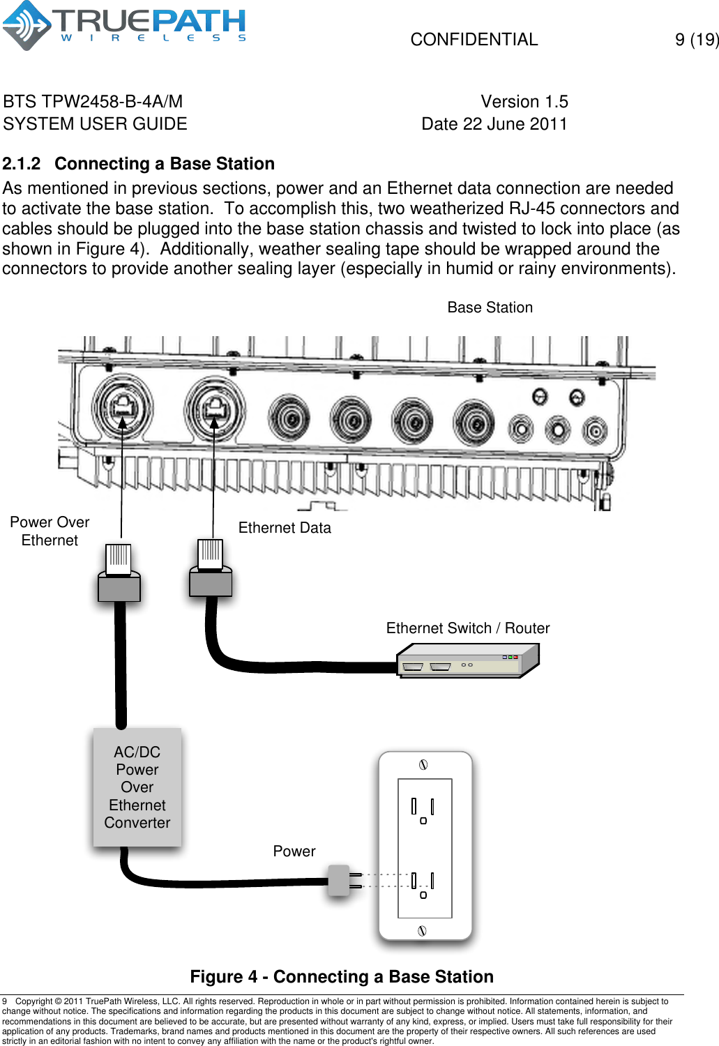   CONFIDENTIAL  9 (19)  BTS TPW2458-B-4A/M Version 1.5   SYSTEM USER GUIDE Date 22 June 2011    9  Copyright &copy; 2011 TruePath Wireless, LLC. All rights reserved. Reproduction in whole or in part without permission is prohibited. Information contained herein is subject to change without notice. The specifications and information regarding the products in this document are subject to change without notice. All statements, information, and recommendations in this document are believed to be accurate, but are presented without warranty of any kind, express, or implied. Users must take full responsibility for their application of any products. Trademarks, brand names and products mentioned in this document are the property of their respective owners. All such references are used strictly in an editorial fashion with no intent to convey any affiliation with the name or the product's rightful owner.    2.1.2  Connecting a Base Station As mentioned in previous sections, power and an Ethernet data connection are needed to activate the base station.  To accomplish this, two weatherized RJ-45 connectors and cables should be plugged into the base station chassis and twisted to lock into place (as shown in Figure 4).  Additionally, weather sealing tape should be wrapped around the connectors to provide another sealing layer (especially in humid or rainy environments).   Figure 4 - Connecting a Base Station Power Over EthernetAC/DCPower Over EthernetConverterPowerBase StationEthernet Switch / RouterEthernet Data
