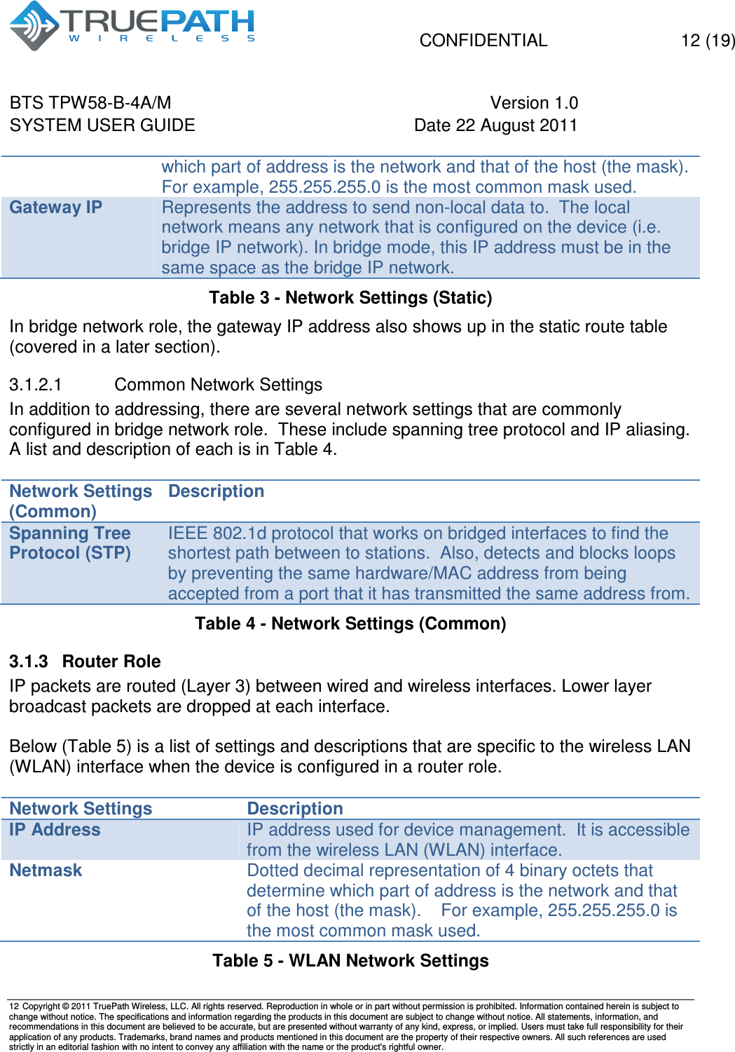   CONFIDENTIAL    12 (19) BTS TPW58-B-4A/M  Version 1.0   SYSTEM USER GUIDE  Date 22 August 2011    12  Copyright &copy; 2011 TruePath Wireless, LLC. All rights reserved. Reproduction in whole or in part without permission is prohibited. Information contained herein is subject to change without notice. The specifications and information regarding the products in this document are subject to change without notice. All statements, information, and recommendations in this document are believed to be accurate, but are presented without warranty of any kind, express, or implied. Users must take full responsibility for their application of any products. Trademarks, brand names and products mentioned in this document are the property of their respective owners. All such references are used strictly in an editorial fashion with no intent to convey any affiliation with the name or the product's rightful owner.    which part of address is the network and that of the host (the mask).    For example, 255.255.255.0 is the most common mask used. Gateway IP Represents the address to send non-local data to.  The local network means any network that is configured on the device (i.e. bridge IP network). In bridge mode, this IP address must be in the same space as the bridge IP network. Table 3 - Network Settings (Static) In bridge network role, the gateway IP address also shows up in the static route table (covered in a later section). 3.1.2.1  Common Network Settings In addition to addressing, there are several network settings that are commonly configured in bridge network role.  These include spanning tree protocol and IP aliasing.  A list and description of each is in Table 4.  Network Settings (Common) Description Spanning Tree Protocol (STP) IEEE 802.1d protocol that works on bridged interfaces to find the shortest path between to stations.  Also, detects and blocks loops by preventing the same hardware/MAC address from being accepted from a port that it has transmitted the same address from. Table 4 - Network Settings (Common) 3.1.3  Router Role IP packets are routed (Layer 3) between wired and wireless interfaces. Lower layer broadcast packets are dropped at each interface.  Below (Table 5) is a list of settings and descriptions that are specific to the wireless LAN (WLAN) interface when the device is configured in a router role.  Network Settings Description IP Address IP address used for device management.  It is accessible from the wireless LAN (WLAN) interface. Netmask Dotted decimal representation of 4 binary octets that determine which part of address is the network and that of the host (the mask).    For example, 255.255.255.0 is the most common mask used. Table 5 - WLAN Network Settings 