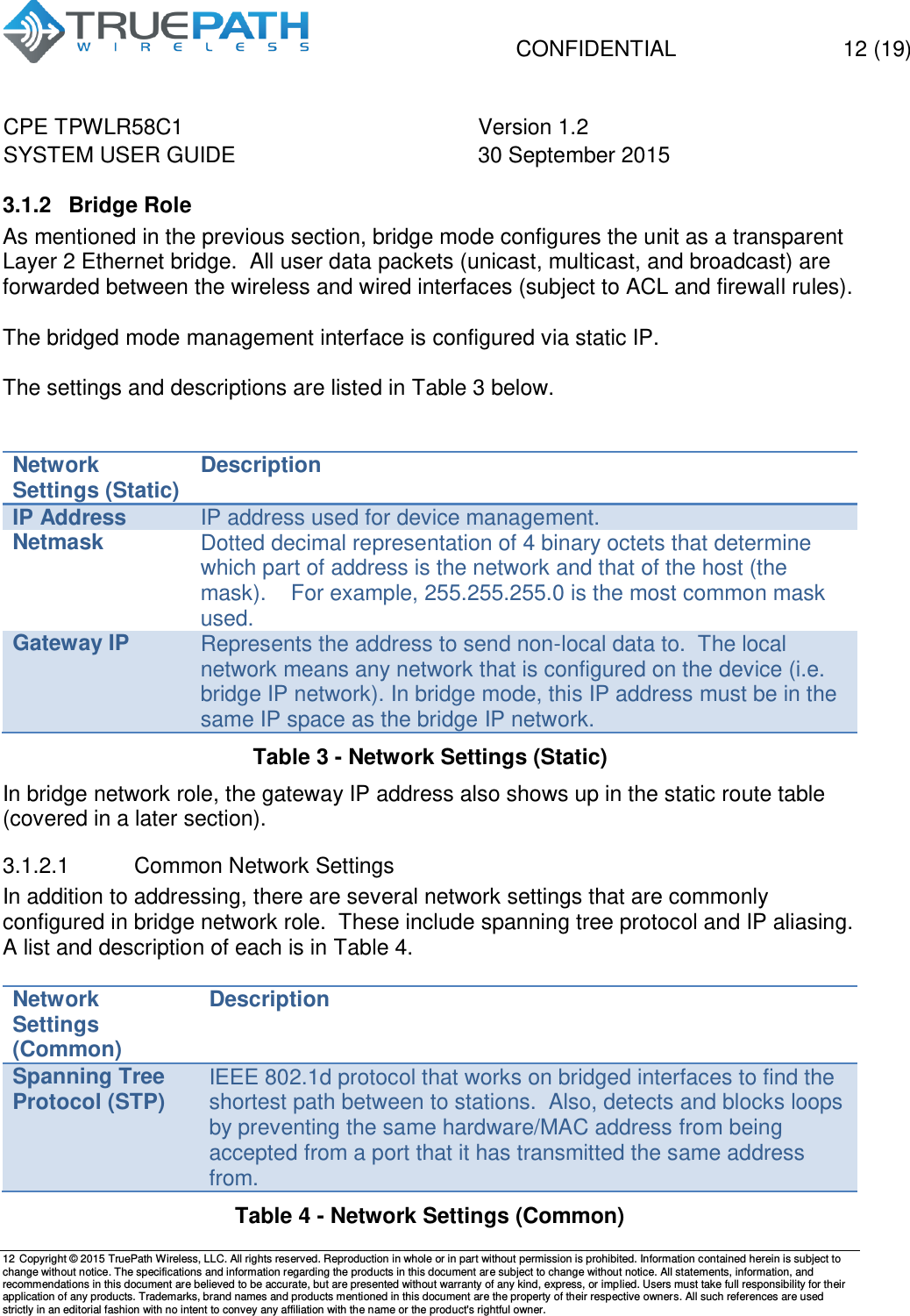   CONFIDENTIAL  12 (19) CPE TPWLR58C1 Version 1.2   SYSTEM USER GUIDE 30 September 2015    12 Copyright &copy; 2015 TruePath Wireless, LLC. All rights reserved. Reproduction in whole or in part without permission is prohibited. Information contained herein is subject to change without notice. The specifications and information regarding the products in this document are subject to change without notice. All statements, information, and recommendations in this document are believed to be accurate, but are presented without warranty of any kind, express, or implied. Users must take full responsibility for their application of any products. Trademarks, brand names and products mentioned in this document are the property of their respective owners. All such references are used strictly in an editorial fashion with no intent to convey any affiliation with the name or the product's rightful owner.    3.1.2  Bridge Role As mentioned in the previous section, bridge mode configures the unit as a transparent Layer 2 Ethernet bridge.  All user data packets (unicast, multicast, and broadcast) are forwarded between the wireless and wired interfaces (subject to ACL and firewall rules).  The bridged mode management interface is configured via static IP.    The settings and descriptions are listed in Table 3 below.   Network Settings (Static) Description IP Address IP address used for device management.   Netmask Dotted decimal representation of 4 binary octets that determine which part of address is the network and that of the host (the mask).    For example, 255.255.255.0 is the most common mask used. Gateway IP Represents the address to send non-local data to.  The local network means any network that is configured on the device (i.e. bridge IP network). In bridge mode, this IP address must be in the same IP space as the bridge IP network. Table 3 - Network Settings (Static) In bridge network role, the gateway IP address also shows up in the static route table (covered in a later section). 3.1.2.1  Common Network Settings In addition to addressing, there are several network settings that are commonly configured in bridge network role.  These include spanning tree protocol and IP aliasing.  A list and description of each is in Table 4.  Network Settings (Common) Description Spanning Tree Protocol (STP) IEEE 802.1d protocol that works on bridged interfaces to find the shortest path between to stations.  Also, detects and blocks loops by preventing the same hardware/MAC address from being accepted from a port that it has transmitted the same address from. Table 4 - Network Settings (Common) 