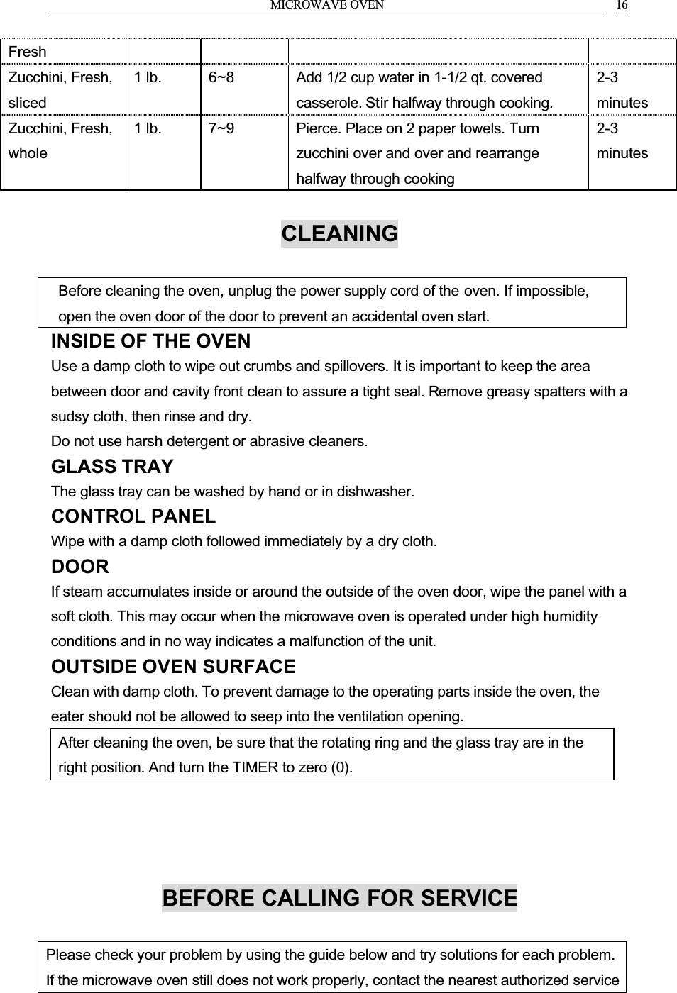 MICROWAVE OVEN 16FreshZucchini, Fresh, sliced1 lb. 6~8 Add 1/2 cup water in 1-1/2 qt. covered casserole. Stir halfway through cooking.2-3minutesZucchini, Fresh, whole1 lb. 7~9 Pierce. Place on 2 paper towels. Turn zucchini over and over and rearrange halfway through cooking2-3minutesCLEANINGBefore cleaning the oven, unplug the power supply cord of the oven. If impossible, open the oven door of the door to prevent an accidental oven start.INSIDE OF THE OVENUse a damp cloth to wipe out crumbs and spillovers. It is important to keep the area between door and cavity front clean to assure a tight seal. Remove greasy spatters with a sudsy cloth, then rinse and dry.Do not use harsh detergent or abrasive cleaners.GLASS TRAYThe glass tray can be washed by hand or in dishwasher.CONTROL PANELWipe with a damp cloth followed immediately by a dry cloth.DOORIf steam accumulates inside or around the outside of the oven door, wipe the panel with a soft cloth. This may occur when the microwave oven is operated under high humidity conditions and in no way indicates a malfunction of the unit.OUTSIDE OVEN SURFACEClean with damp cloth. To prevent damage to the operating parts inside the oven, the eater should not be allowed to seep into the ventilation opening.After cleaning the oven, be sure that the rotating ring and the glass tray are in the right position. And turn the TIMER to zero (0).BEFORE CALLING FOR SERVICEPlease check your problem by using the guide below and try solutions for each problem. If the microwave oven still does not work properly, contact the nearest authorized service 