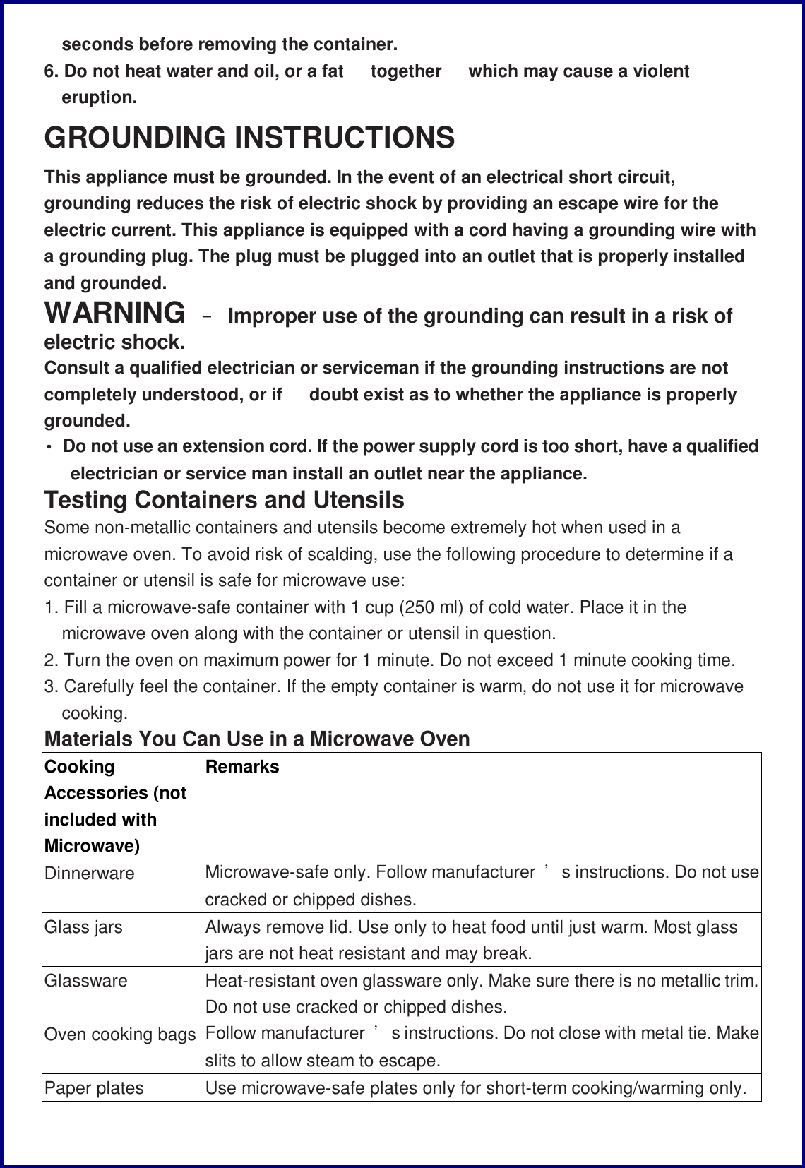 seconds before removing the container. 6. Do not heat water and oil, or a fat  together   which may cause a violent eruption. GROUNDING INSTRUCTIONS This appliance must be grounded. In the event of an electrical short circuit, grounding reduces the risk of electric shock by providing an escape wire for the electric current. This appliance is equipped with a cord having a grounding wire with a grounding plug. The plug must be plugged into an outlet that is properly installed and grounded. WARNING &ndash; Improper use of the grounding can result in a risk of electric shock. Consult a qualified electrician or serviceman if the grounding instructions are not completely understood, or if   doubt exist as to whether the appliance is properly grounded. &bull; Do not use an extension cord. If the power supply cord is too short, have a qualified electrician or service man install an outlet near the appliance. Testing Containers and Utensils Some non-metallic containers and utensils become extremely hot when used in a microwave oven. To avoid risk of scalding, use the following procedure to determine if a container or utensil is safe for microwave use: 1. Fill a microwave-safe container with 1 cup (250 ml) of cold water. Place it in the microwave oven along with the container or utensil in question. 2. Turn the oven on maximum power for 1 minute. Do not exceed 1 minute cooking time. 3. Carefully feel the container. If the empty container is warm, do not use it for microwave cooking. Materials You Can Use in a Microwave Oven Cooking Accessories (not included with Microwave) Remarks Dinnerware Microwave-safe only. Follow manufacturer  &rsquo;s instructions. Do not use cracked or chipped dishes. Glass jars Always remove lid. Use only to heat food until just warm. Most glass jars are not heat resistant and may break. Glassware Heat-resistant oven glassware only. Make sure there is no metallic trim. Do not use cracked or chipped dishes. Oven cooking bags Follow manufacturer  &rsquo;s instructions. Do not close with metal tie. Make slits to allow steam to escape. Paper plates Use microwave-safe plates only for short-term cooking/warming only. 