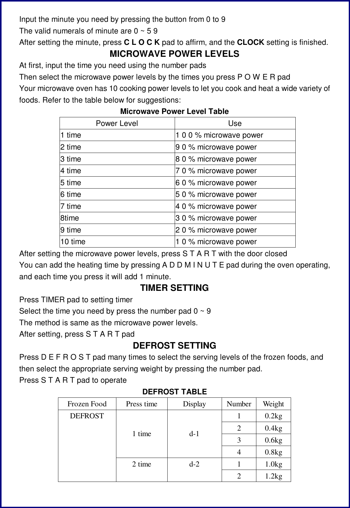 Input the minute you need by pressing the button from 0 to 9  The valid numerals of minute are 0 ~ 5 9 After setting the minute, press C L O C K pad to affirm, and the CLOCK setting is finished. MICROWAVE POWER LEVELS At first, input the time you need using the number pads Then select the microwave power levels by the times you press P O W E R pad Your microwave oven has 10 cooking power levels to let you cook and heat a wide variety of foods. Refer to the table below for suggestions: Microwave Power Level Table Power Level  Use 1 time  1 0 0 % microwave power 2 time  9 0 % microwave power 3 time  8 0 % microwave power 4 time  7 0 % microwave power 5 time  6 0 % microwave power 6 time  5 0 % microwave power 7 time  4 0 % microwave power 8time  3 0 % microwave power 9 time  2 0 % microwave power 10 time  1 0 % microwave power After setting the microwave power levels, press S T A R T with the door closed You can add the heating time by pressing A D D M I N U T E pad during the oven operating, and each time you press it will add 1 minute.  TIMER SETTING Press TIMER pad to setting timer Select the time you need by press the number pad 0 ~ 9  The method is same as the microwave power levels. After setting, press S T A R T pad DEFROST SETTING Press D E F R O S T pad many times to select the serving levels of the frozen foods, and then select the appropriate serving weight by pressing the number pad. Press S T A R T pad to operate DEFROST TABLE Frozen Food Press time Display Number Weight 1 0.2kg 2 0.4kg 3 0.6kg 1 time d-1 4 0.8kg 1 1.0kg DEFROST 2 time  d-2 2 1.2kg 