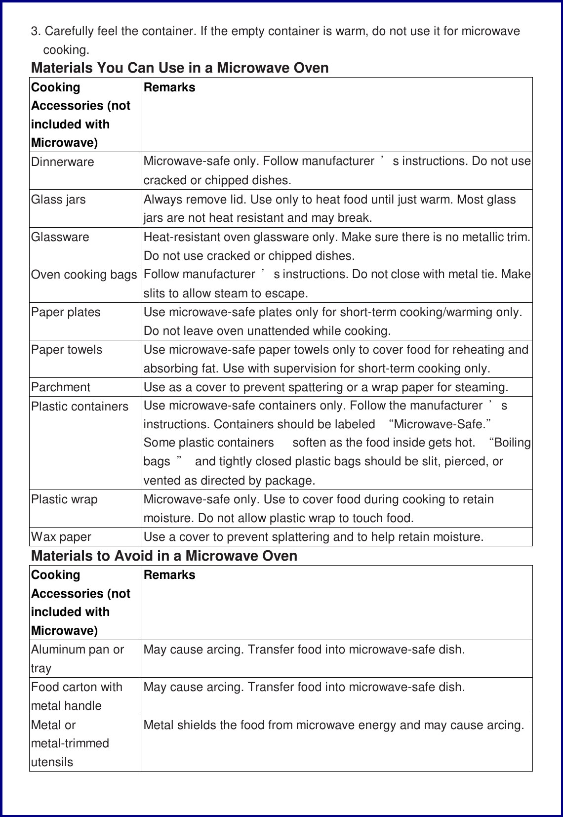 3. Carefully feel the container. If the empty container is warm, do not use it for microwave cooking. Materials You Can Use in a Microwave Oven Cooking Accessories (not included with Microwave) Remarks Dinnerware Microwave-safe only. Follow manufacturer  &rsquo;s instructions. Do not use cracked or chipped dishes. Glass jars Always remove lid. Use only to heat food until just warm. Most glass jars are not heat resistant and may break. Glassware Heat-resistant oven glassware only. Make sure there is no metallic trim. Do not use cracked or chipped dishes. Oven cooking bags Follow manufacturer  &rsquo;s instructions. Do not close with metal tie. Make slits to allow steam to escape. Paper plates Use microwave-safe plates only for short-term cooking/warming only. Do not leave oven unattended while cooking. Paper towels Use microwave-safe paper towels only to cover food for reheating and absorbing fat. Use with supervision for short-term cooking only. Parchment Use as a cover to prevent spattering or a wrap paper for steaming. Plastic containers Use microwave-safe containers only. Follow the manufacturer  &rsquo;s instructions. Containers should be labeled  &ldquo;Microwave-Safe.&rdquo; Some plastic containers   soften as the food inside gets hot.  &ldquo;Boiling bags  &rdquo; and tightly closed plastic bags should be slit, pierced, or vented as directed by package. Plastic wrap Microwave-safe only. Use to cover food during cooking to retain moisture. Do not allow plastic wrap to touch food. Wax paper Use a cover to prevent splattering and to help retain moisture. Materials to Avoid in a Microwave Oven Cooking Accessories (not included with Microwave) Remarks Aluminum pan or tray May cause arcing. Transfer food into microwave-safe dish. Food carton with metal handle May cause arcing. Transfer food into microwave-safe dish. Metal or metal-trimmed utensils Metal shields the food from microwave energy and may cause arcing. 