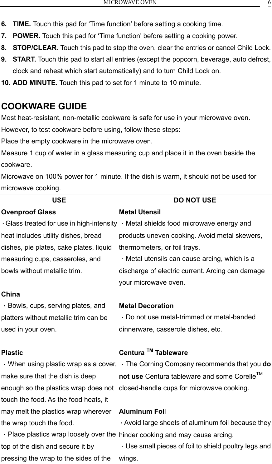 MICROWAVE OVEN    66. TIME. Touch this pad for &lsquo;Time function&rsquo; before setting a cooking time. 7. POWER. Touch this pad for &lsquo;Time function&rsquo; before setting a cooking power. 8. STOP/CLEAR. Touch this pad to stop the oven, clear the entries or cancel Child Lock. 9. START. Touch this pad to start all entries (except the popcorn, beverage, auto defrost, clock and reheat which start automatically) and to turn Child Lock on. 10. ADD MINUTE. Touch this pad to set for 1 minute to 10 minute.  COOKWARE GUIDE Most heat-resistant, non-metallic cookware is safe for use in your microwave oven. However, to test cookware before using, follow these steps: Place the empty cookware in the microwave oven. Measure 1 cup of water in a glass measuring cup and place it in the oven beside the cookware. Microwave on 100% power for 1 minute. If the dish is warm, it should not be used for microwave cooking. USE  DO NOT USE Ovenproof Glass ．Glass treated for use in high-intensity heat includes utility dishes, bread dishes, pie plates, cake plates, liquid measuring cups, casseroles, and bowls without metallic trim.  China ．Bowls, cups, serving plates, and platters without metallic trim can be used in your oven.  Plastic ．When using plastic wrap as a cover, make sure that the dish is deep enough so the plastics wrap does not touch the food. As the food heats, it may melt the plastics wrap wherever the wrap touch the food. ．Place plastics wrap loosely over the top of the dish and secure it by pressing the wrap to the sides of the Metal Utensil ．Metal shields food microwave energy and products uneven cooking. Avoid metal skewers, thermometers, or foil trays. ．Metal utensils can cause arcing, which is a discharge of electric current. Arcing can damage your microwave oven.  Metal Decoration ．Do not use metal-trimmed or metal-banded dinnerware, casserole dishes, etc.  Centura TM Tableware ．The Corning Company recommends that you do not use Centura tableware and some CorelleTM closed-handle cups for microwave cooking.  Aluminum Foil ．Avoid large sheets of aluminum foil because they hinder cooking and may cause arcing. ．Use small pieces of foil to shield poultry legs and wings. 