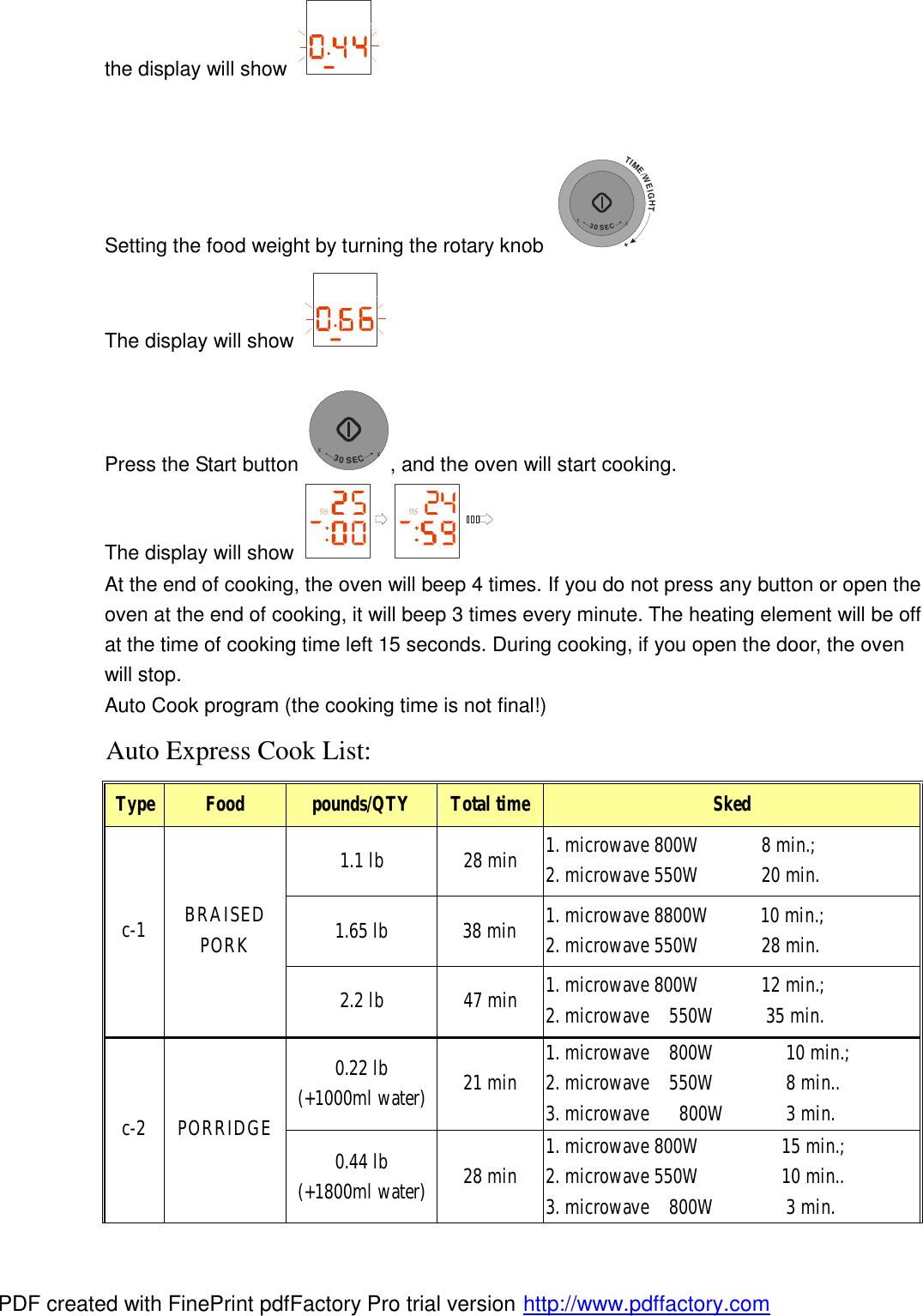 the display will show     Setting the food weight by turning the rotary knob TIME/WEIGHT++30SEC+ The display will show    Press the Start button +30SEC+, and the oven will start cooking. The display will show   At the end of cooking, the oven will beep 4 times. If you do not press any button or open the oven at the end of cooking, it will beep 3 times every minute. The heating element will be off at the time of cooking time left 15 seconds. During cooking, if you open the door, the oven will stop. Auto Cook program (the cooking time is not final!) Auto Express Cook List: Type Food  pounds/QTY  Total time Sked 1.1 lb 28 min  1. microwave 800W      8 min.; 2. microwave 550W      20 min. 1.65 lb 38 min  1. microwave 8800W     10 min.; 2. microwave 550W      28 min. c-1  BRAISED PORK 2.2 lb 47 min  1. microwave 800W      12 min.;   2. microwave  550W     35 min. 0.22 lb (+1000ml water) 21 min  1. microwave  800W       10 min.; 2. microwave  550W       8 min..     3. microwave   800W      3 min. c-2 PORRIDGE 0.44 lb (+1800ml water) 28 min  1. microwave 800W        15 min.; 2. microwave 550W        10 min..      3. microwave  800W       3 min. PDF created with FinePrint pdfFactory Pro trial version http://www.pdffactory.com