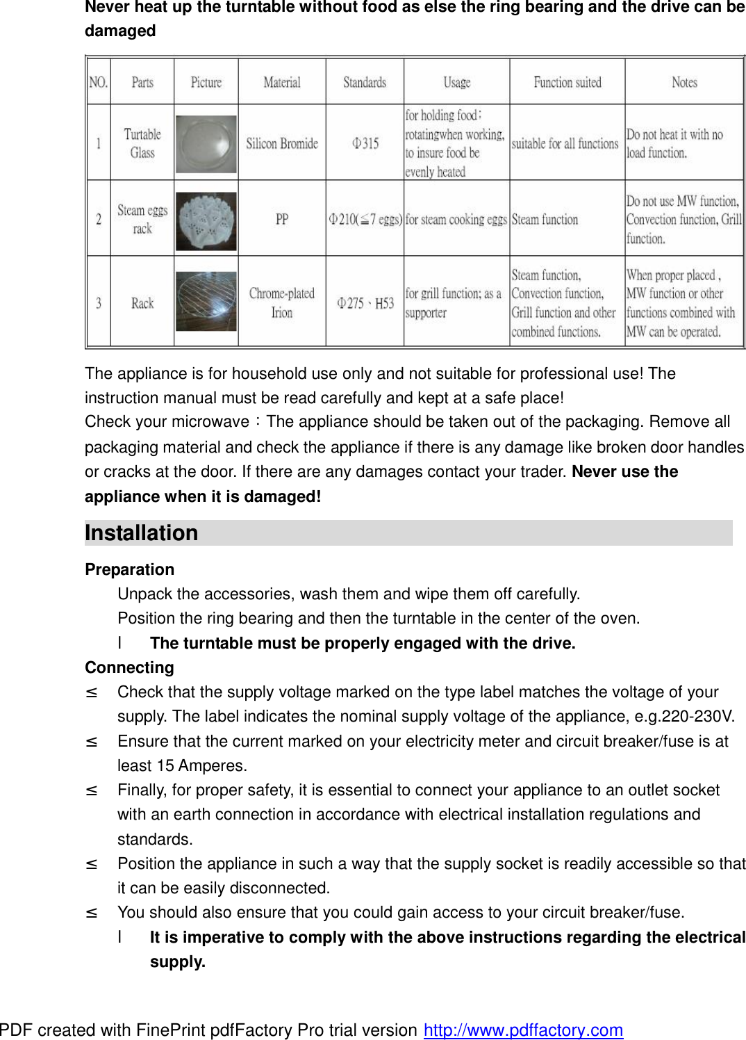  Never heat up the turntable without food as else the ring bearing and the drive can be damaged  The appliance is for household use only and not suitable for professional use! The instruction manual must be read carefully and kept at a safe place! Check your microwave：The appliance should be taken out of the packaging. Remove all packaging material and check the appliance if there is any damage like broken door handles or cracks at the door. If there are any damages contact your trader. Never use the appliance when it is damaged! Installation                                                  Preparation     Unpack the accessories, wash them and wipe them off carefully.     Position the ring bearing and then the turntable in the center of the oven. l The turntable must be properly engaged with the drive. Connecting &sup2; Check that the supply voltage marked on the type label matches the voltage of your supply. The label indicates the nominal supply voltage of the appliance, e.g.220-230V. &sup2; Ensure that the current marked on your electricity meter and circuit breaker/fuse is at least 15 Amperes. &sup2; Finally, for proper safety, it is essential to connect your appliance to an outlet socket with an earth connection in accordance with electrical installation regulations and standards. &sup2; Position the appliance in such a way that the supply socket is readily accessible so that it can be easily disconnected. &sup2; You should also ensure that you could gain access to your circuit breaker/fuse. l It is imperative to comply with the above instructions regarding the electrical supply. PDF created with FinePrint pdfFactory Pro trial version http://www.pdffactory.com