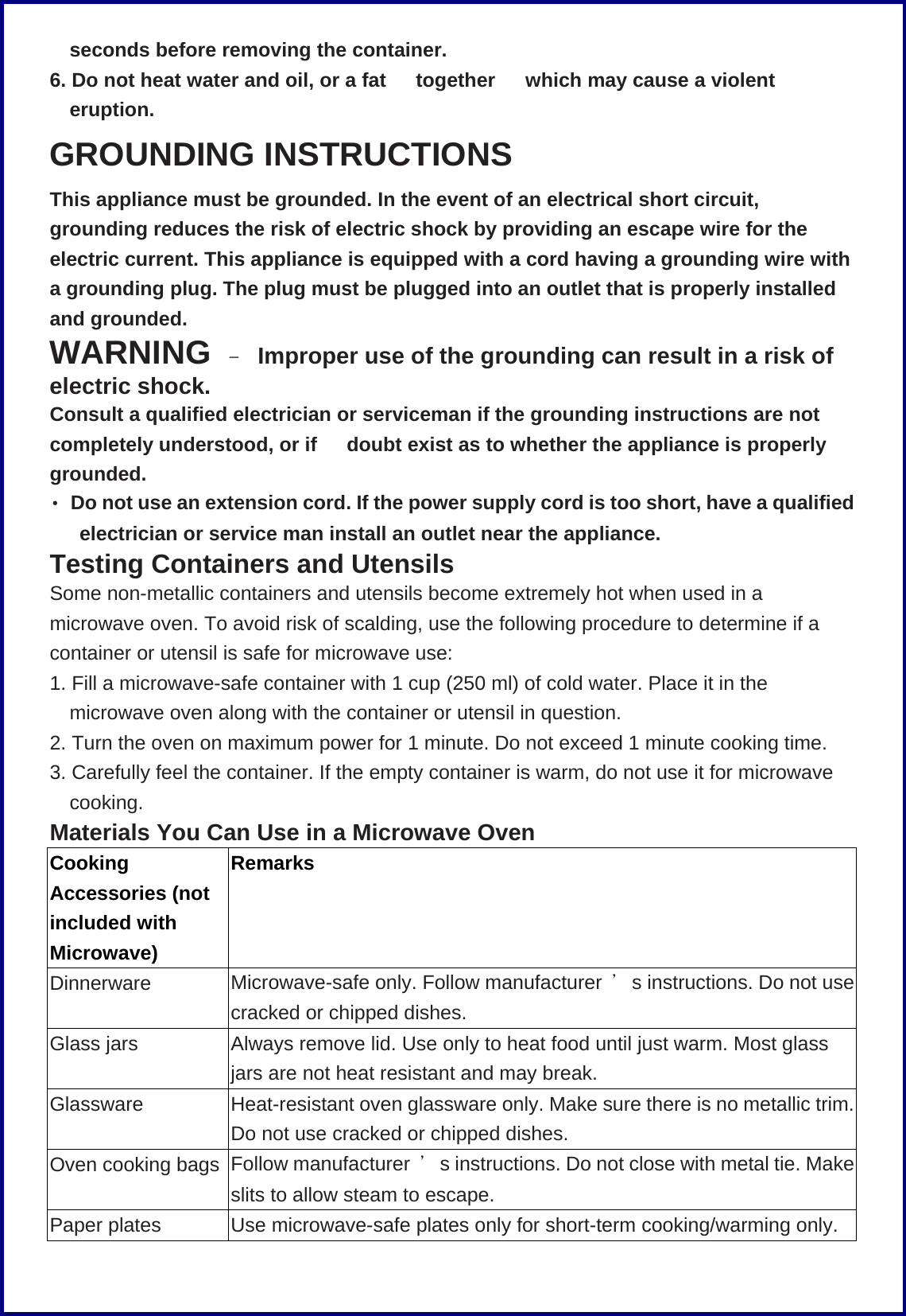 seconds before removing the container. 6. Do not heat water and oil, or a fat  together  which may cause a violent eruption. GROUNDING INSTRUCTIONS This appliance must be grounded. In the event of an electrical short circuit, grounding reduces the risk of electric shock by providing an escape wire for the electric current. This appliance is equipped with a cord having a grounding wire with a grounding plug. The plug must be plugged into an outlet that is properly installed and grounded. WARNING &ndash;  Improper use of the grounding can result in a risk of electric shock. Consult a qualified electrician or serviceman if the grounding instructions are not completely understood, or if   doubt exist as to whether the appliance is properly grounded. ‧  Do not use an extension cord. If the power supply cord is too short, have a qualified electrician or service man install an outlet near the appliance. Testing Containers and Utensils Some non-metallic containers and utensils become extremely hot when used in a microwave oven. To avoid risk of scalding, use the following procedure to determine if a container or utensil is safe for microwave use: 1. Fill a microwave-safe container with 1 cup (250 ml) of cold water. Place it in the microwave oven along with the container or utensil in question. 2. Turn the oven on maximum power for 1 minute. Do not exceed 1 minute cooking time. 3. Carefully feel the container. If the empty container is warm, do not use it for microwave cooking. Materials You Can Use in a Microwave Oven Cooking Accessories (not included with Microwave) Remarks Dinnerware Microwave-safe only. Follow manufacturer  ＇s instructions. Do not use cracked or chipped dishes. Glass jars Always remove lid. Use only to heat food until just warm. Most glass jars are not heat resistant and may break. Glassware Heat-resistant oven glassware only. Make sure there is no metallic trim. Do not use cracked or chipped dishes. Oven cooking bags Follow manufacturer  ＇s instructions. Do not close with metal tie. Make slits to allow steam to escape. Paper plates Use microwave-safe plates only for short-term cooking/warming only. 