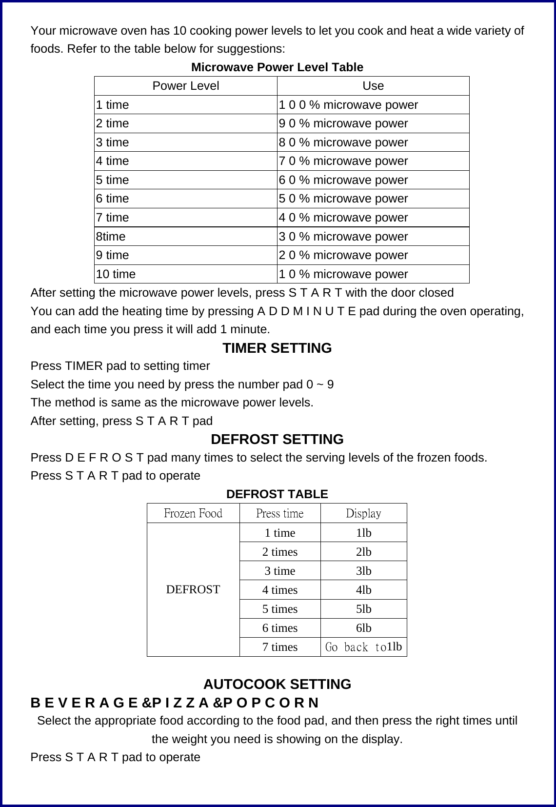 Your microwave oven has 10 cooking power levels to let you cook and heat a wide variety of foods. Refer to the table below for suggestions: Microwave Power Level Table Power Level  Use 1 time  1 0 0 % microwave power 2 time  9 0 % microwave power 3 time  8 0 % microwave power 4 time  7 0 % microwave power 5 time  6 0 % microwave power 6 time  5 0 % microwave power 7 time  4 0 % microwave power 8time  3 0 % microwave power 9 time  2 0 % microwave power 10 time  1 0 % microwave power After setting the microwave power levels, press S T A R T with the door closed You can add the heating time by pressing A D D M I N U T E pad during the oven operating, and each time you press it will add 1 minute.   TIMER SETTING Press TIMER pad to setting timer Select the time you need by press the number pad 0 ~ 9   The method is same as the microwave power levels. After setting, press S T A R T pad DEFROST SETTING Press D E F R O S T pad many times to select the serving levels of the frozen foods. Press S T A R T pad to operate DEFROST TABLE Frozen Food  Press time  Display 1 time 1lb 2 times 2lb 3 time 3lb 4 times 4lb 5 times 5lb 6 times 6lb DEFROST 7 times Go back to1lb  AUTOCOOK SETTING B E V E R A G E &amp;P I Z Z A &amp;P O P C O R N Select the appropriate food according to the food pad, and then press the right times until the weight you need is showing on the display.   Press S T A R T pad to operate 