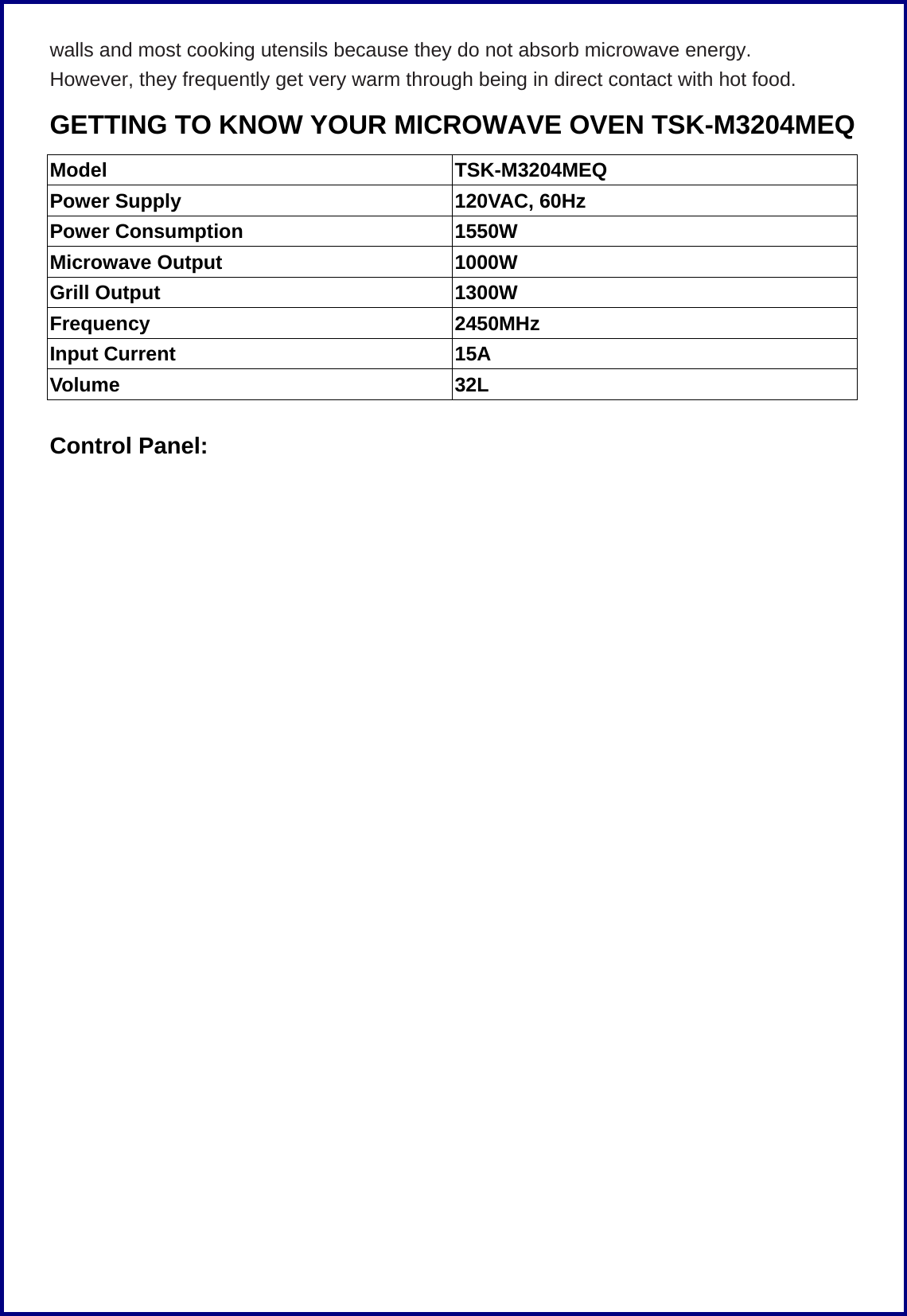 walls and most cooking utensils because they do not absorb microwave energy. However, they frequently get very warm through being in direct contact with hot food. GETTING TO KNOW YOUR MICROWAVE OVEN TSK-M3204MEQ Model TSK-M3204MEQ Power Supply  120VAC, 60Hz Power Consumption  1550W Microwave Output  1000W   Grill Output  1300W Frequency 2450MHz Input Current  15A Volume 32L  Control Panel: 
