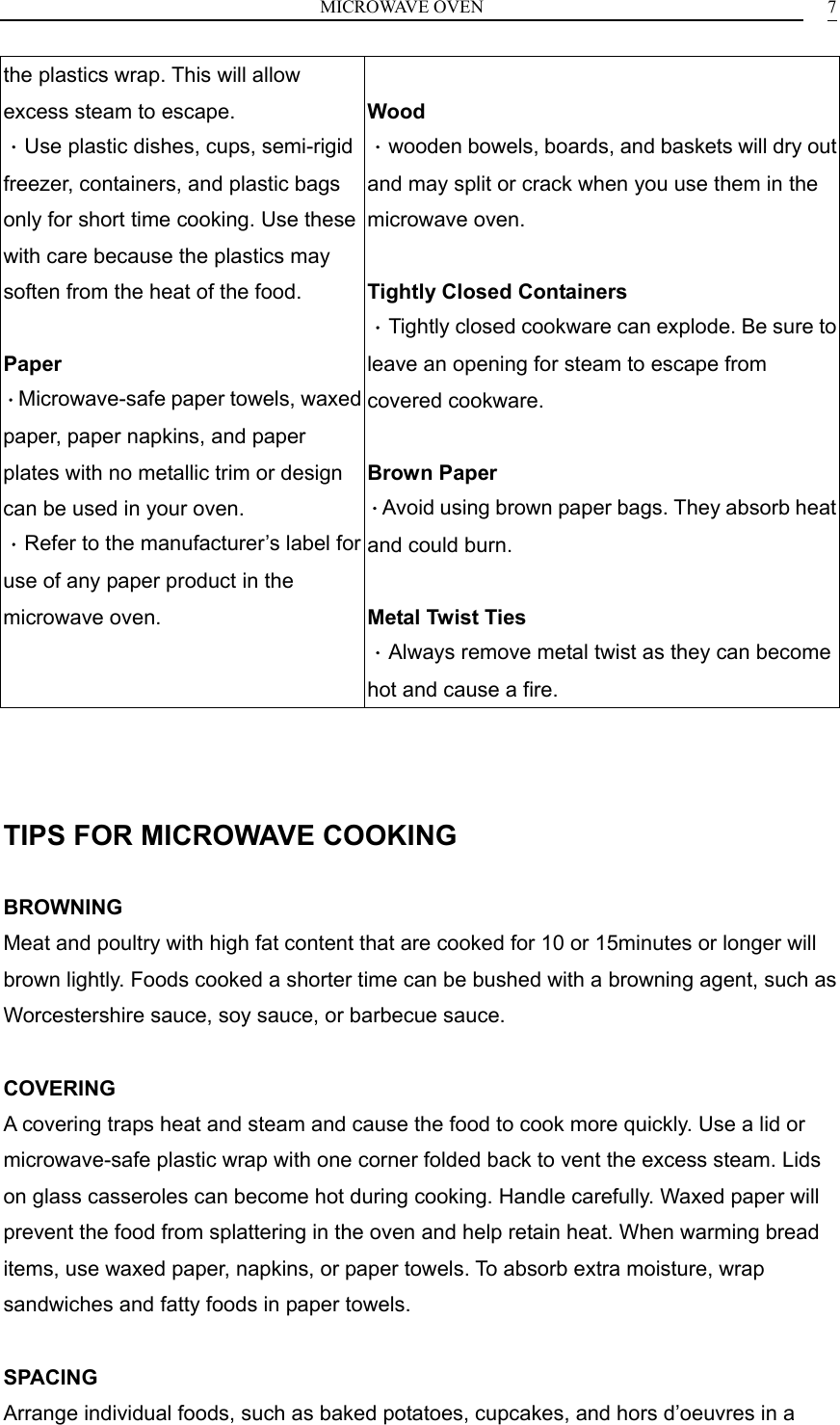 MICROWAVE OVEN    7the plastics wrap. This will allow excess steam to escape. ．Use plastic dishes, cups, semi-rigid freezer, containers, and plastic bags only for short time cooking. Use these with care because the plastics may soften from the heat of the food.  Paper ．Microwave-safe paper towels, waxed paper, paper napkins, and paper plates with no metallic trim or design can be used in your oven. ．Refer to the manufacturer&rsquo;s label for use of any paper product in the microwave oven.  Wood ．wooden bowels, boards, and baskets will dry out and may split or crack when you use them in the microwave oven.  Tightly Closed Containers ．Tightly closed cookware can explode. Be sure to leave an opening for steam to escape from covered cookware.  Brown Paper ．Avoid using brown paper bags. They absorb heat and could burn.  Metal Twist Ties   ．Always remove metal twist as they can become hot and cause a fire.    TIPS FOR MICROWAVE COOKING  BROWNING Meat and poultry with high fat content that are cooked for 10 or 15minutes or longer will brown lightly. Foods cooked a shorter time can be bushed with a browning agent, such as Worcestershire sauce, soy sauce, or barbecue sauce.  COVERING A covering traps heat and steam and cause the food to cook more quickly. Use a lid or microwave-safe plastic wrap with one corner folded back to vent the excess steam. Lids on glass casseroles can become hot during cooking. Handle carefully. Waxed paper will prevent the food from splattering in the oven and help retain heat. When warming bread items, use waxed paper, napkins, or paper towels. To absorb extra moisture, wrap sandwiches and fatty foods in paper towels.  SPACING Arrange individual foods, such as baked potatoes, cupcakes, and hors d&rsquo;oeuvres in a 