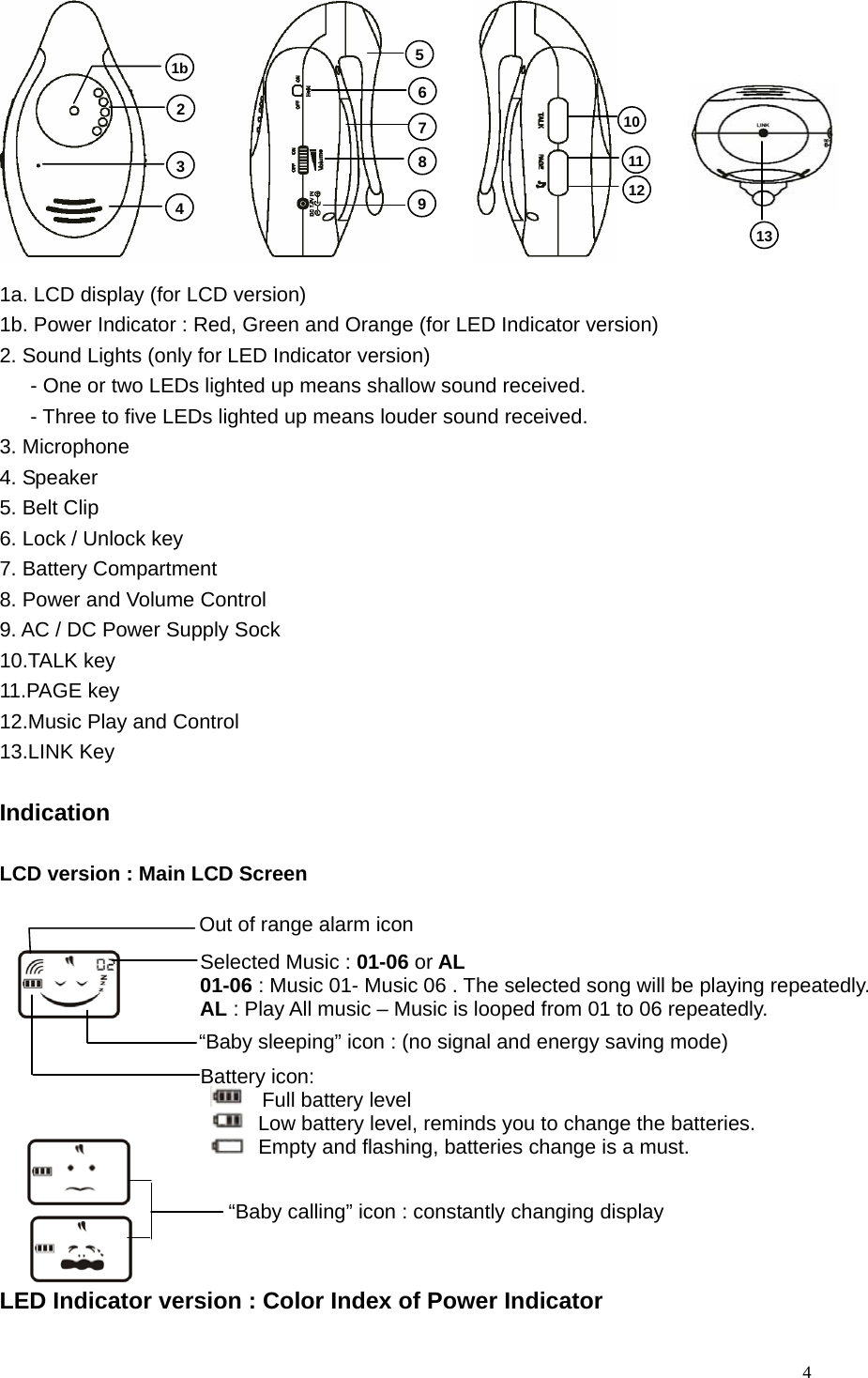   4          1a. LCD display (for LCD version) 1b. Power Indicator : Red, Green and Orange (for LED Indicator version) 2. Sound Lights (only for LED Indicator version)       - One or two LEDs lighted up means shallow sound received.       - Three to five LEDs lighted up means louder sound received. 3. Microphone 4. Speaker 5. Belt Clip 6. Lock / Unlock key   7. Battery Compartment 8. Power and Volume Control 9. AC / DC Power Supply Sock 10.TALK key 11.PAGE key 12.Music Play and Control     13.LINK Key  Indication  LCD version : Main LCD Screen              LED Indicator version : Color Index of Power Indicator     &ldquo;Baby calling&rdquo; icon : constantly changing display 1b 2 3 4 5678911101213 Out of range alarm iconSelected Music : 01-06 or AL 01-06 : Music 01- Music 06 . The selected song will be playing repeatedly. AL : Play All music &ndash; Music is looped from 01 to 06 repeatedly. Battery icon:     Full battery level   Low battery level, reminds you to change the batteries.   Empty and flashing, batteries change is a must. &ldquo;Baby sleeping&rdquo; icon : (no signal and energy saving mode) 