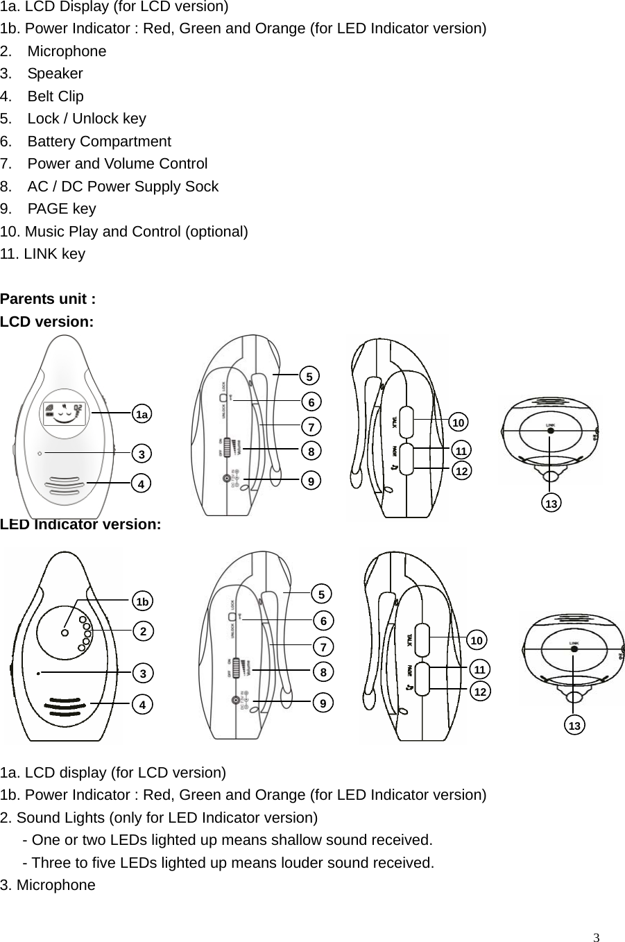   3    1a. LCD Display (for LCD version) 1b. Power Indicator : Red, Green and Orange (for LED Indicator version) 2.  Microphone 3.  Speaker 4.  Belt Clip 5.    Lock / Unlock key 6.  Battery Compartment 7.    Power and Volume Control 8.    AC / DC Power Supply Sock 9.  PAGE key 10. Music Play and Control (optional) 11. LINK key  Parents unit : LCD version:         LED Indicator version:           1a. LCD display (for LCD version) 1b. Power Indicator : Red, Green and Orange (for LED Indicator version) 2. Sound Lights (only for LED Indicator version)       - One or two LEDs lighted up means shallow sound received.       - Three to five LEDs lighted up means louder sound received. 3. Microphone 11101213 567891a 3 4 1b 2 3 4 11 10 12 1356789