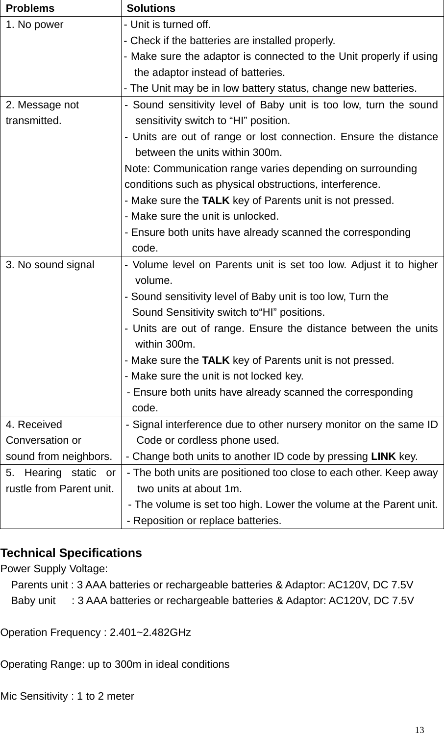   13Problems Solutions 1. No power  - Unit is turned off.   - Check if the batteries are installed properly.   - Make sure the adaptor is connected to the Unit properly if using the adaptor instead of batteries. - The Unit may be in low battery status, change new batteries. 2. Message not   transmitted.   - Sound sensitivity level of Baby unit is too low, turn the sound sensitivity switch to &ldquo;HI&rdquo; position. - Units are out of range or lost connection. Ensure the distance between the units within 300m.   Note: Communication range varies depending on surrounding   conditions such as physical obstructions, interference. - Make sure the TALK key of Parents unit is not pressed. - Make sure the unit is unlocked.   - Ensure both units have already scanned the corresponding     code. 3. No sound signal  - Volume level on Parents unit is set too low. Adjust it to higher volume. - Sound sensitivity level of Baby unit is too low, Turn the      Sound Sensitivity switch to&ldquo;HI&rdquo; positions.   - Units are out of range. Ensure the distance between the units within 300m. - Make sure the TALK key of Parents unit is not pressed. - Make sure the unit is not locked key.   - Ensure both units have already scanned the corresponding     code. 4. Received   Conversation or   sound from neighbors.  - Signal interference due to other nursery monitor on the same ID Code or cordless phone used. - Change both units to another ID code by pressing LINK key. 5. Hearing static or rustle from Parent unit. - The both units are positioned too close to each other. Keep away two units at about 1m. - The volume is set too high. Lower the volume at the Parent unit.- Reposition or replace batteries.  Technical Specifications Power Supply Voltage:   Parents unit : 3 AAA batteries or rechargeable batteries &amp; Adaptor: AC120V, DC 7.5V Baby unit      : 3 AAA batteries or rechargeable batteries &amp; Adaptor: AC120V, DC 7.5V  Operation Frequency : 2.401~2.482GHz  Operating Range: up to 300m in ideal conditions  Mic Sensitivity : 1 to 2 meter 
