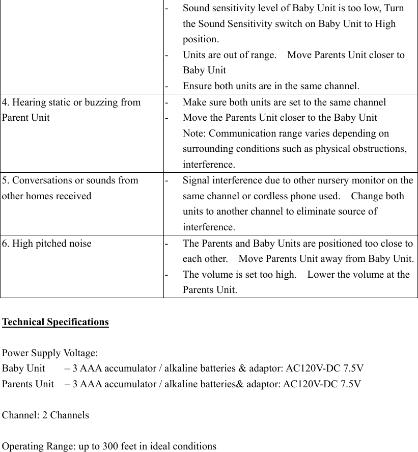 -  Sound sensitivity level of Baby Unit is too low, Turn the Sound Sensitivity switch on Baby Unit to High position.  -  Units are out of range.    Move Parents Unit closer to Baby Unit -  Ensure both units are in the same channel. 4. Hearing static or buzzing from Parent Unit -  Make sure both units are set to the same channel -  Move the Parents Unit closer to the Baby Unit Note: Communication range varies depending on surrounding conditions such as physical obstructions, interference. 5. Conversations or sounds from other homes received -  Signal interference due to other nursery monitor on the same channel or cordless phone used.    Change both units to another channel to eliminate source of interference. 6. High pitched noise  -  The Parents and Baby Units are positioned too close to each other.    Move Parents Unit away from Baby Unit.-  The volume is set too high.    Lower the volume at the Parents Unit.  Technical Specifications  Power Supply Voltage: Baby Unit    &ndash; 3 AAA accumulator / alkaline batteries &amp; adaptor: AC120V-DC 7.5V Parents Unit    &ndash; 3 AAA accumulator / alkaline batteries&amp; adaptor: AC120V-DC 7.5V  Channel: 2 Channels  Operating Range: up to 300 feet in ideal conditions   