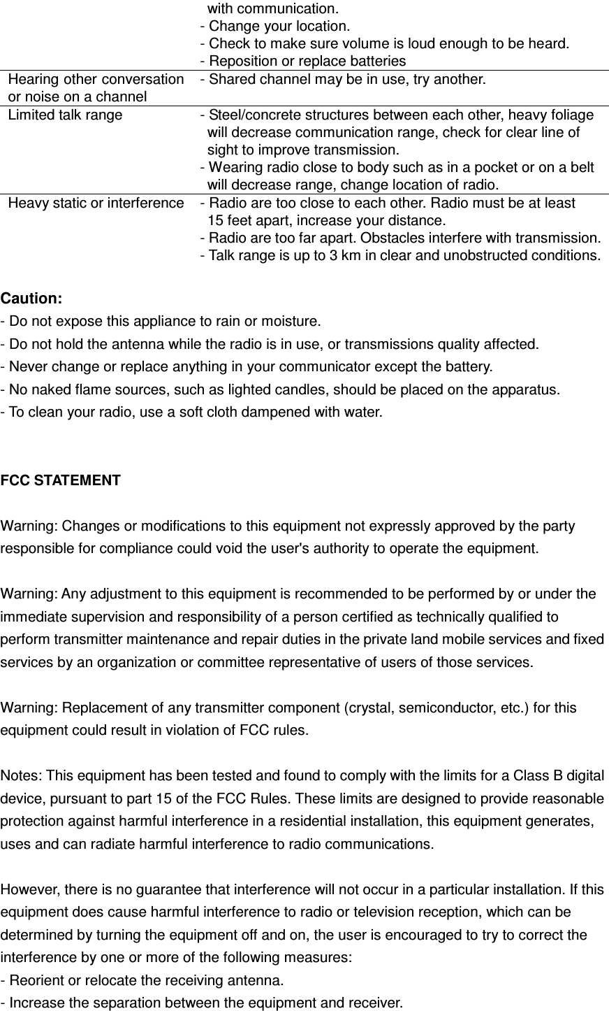   with communication. - Change your location.   - Check to make sure volume is loud enough to be heard. - Reposition or replace batteries Hearing other conversation or noise on a channel - Shared channel may be in use, try another. Limited talk range  - Steel/concrete structures between each other, heavy foliage will decrease communication range, check for clear line of sight to improve transmission. - Wearing radio close to body such as in a pocket or on a belt   will decrease range, change location of radio. Heavy static or interference - Radio are too close to each other. Radio must be at least     15 feet apart, increase your distance. - Radio are too far apart. Obstacles interfere with transmission. - Talk range is up to 3 km in clear and unobstructed conditions.  Caution: - Do not expose this appliance to rain or moisture. - Do not hold the antenna while the radio is in use, or transmissions quality affected. - Never change or replace anything in your communicator except the battery. - No naked flame sources, such as lighted candles, should be placed on the apparatus. - To clean your radio, use a soft cloth dampened with water.   FCC STATEMENT  Warning: Changes or modifications to this equipment not expressly approved by the party   responsible for compliance could void the user's authority to operate the equipment.    Warning: Any adjustment to this equipment is recommended to be performed by or under the   immediate supervision and responsibility of a person certified as technically qualified to   perform transmitter maintenance and repair duties in the private land mobile services and fixed   services by an organization or committee representative of users of those services.    Warning: Replacement of any transmitter component (crystal, semiconductor, etc.) for this   equipment could result in violation of FCC rules.  Notes: This equipment has been tested and found to comply with the limits for a Class B digital   device, pursuant to part 15 of the FCC Rules. These limits are designed to provide reasonable   protection against harmful interference in a residential installation, this equipment generates,   uses and can radiate harmful interference to radio communications.    However, there is no guarantee that interference will not occur in a particular installation. If this   equipment does cause harmful interference to radio or television reception, which can be   determined by turning the equipment off and on, the user is encouraged to try to correct the   interference by one or more of the following measures: - Reorient or relocate the receiving antenna. - Increase the separation between the equipment and receiver. 