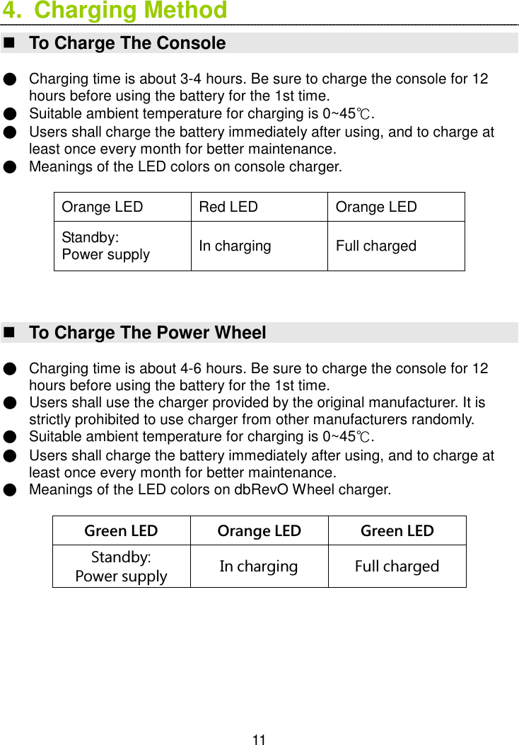  11 4.  Charging Method  To Charge The Console  ● Charging time is about 3-4 hours. Be sure to charge the console for 12 hours before using the battery for the 1st time. ● Suitable ambient temperature for charging is 0~45℃. ● Users shall charge the battery immediately after using, and to charge at least once every month for better maintenance. ● Meanings of the LED colors on console charger.  Orange LED  Red LED  Orange LED Standby:   Power supply  In charging  Full charged     To Charge The Power Wheel  ● Charging time is about 4-6 hours. Be sure to charge the console for 12 hours before using the battery for the 1st time. ● Users shall use the charger provided by the original manufacturer. It is strictly prohibited to use charger from other manufacturers randomly. ● Suitable ambient temperature for charging is 0~45℃. ● Users shall charge the battery immediately after using, and to charge at least once every month for better maintenance. ● Meanings of the LED colors on dbRevO Wheel charger.  Green LED  Orange LED  Green LED Standby:   Power supply  In charging  Full charged         