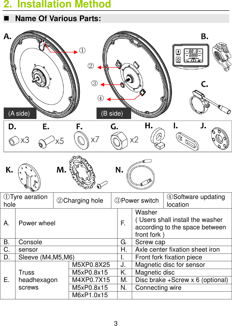  3 2.  Installation Method  Name Of Various Parts:   ①Tyre aeration hole  ②Charging hole  ③Power switch ④Software updating location A. Power wheel  F. Washer     ( Users shall install the washer according to the space between front fork ) B. Console  G. Screw cap C. sensor  H. Axle center fixation sheet iron D. Sleeve (M4,M5,M6)  I.  Front fork fixation piece M5XP0.8X25  J.  Magnetic disc for sensor M5xP0.8x15   K. Magnetic disc M4XP0.7X15  M. Disc brake +Screw x 6 (optional) M5xP0.8x15   N. Connecting wire E. Truss headhexagon screws  M6xP1.0x15        ① ② ③ ④ (A side)  (B side)  