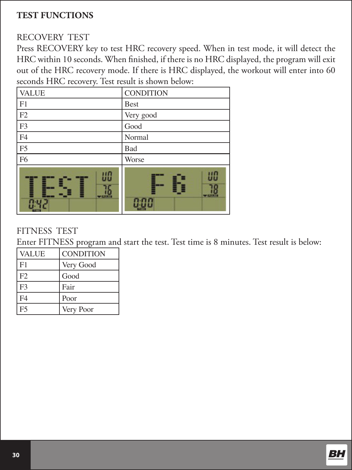  30 TEST FUNCTIONSRECOVERY  TESTPress RECOVERY key to test HRC recovery speed. When in test mode, it will detect the HRC within 10 seconds. When nished, if there is no HRC displayed, the program will exit out of the HRC recovery mode. If there is HRC displayed, the workout will enter into 60 seconds HRC recovery. Test result is shown below: VALUE CONDITIONF1 BestF2 Very goodF3 GoodF4 NormalF5 Bad F6 WorseFITNESS  TESTEnter FITNESS program and start the test. Test time is 8 minutes. Test result is below:VALUE CONDITIONF1 Very GoodF2 GoodF3 FairF4 PoorF5 Very Poor