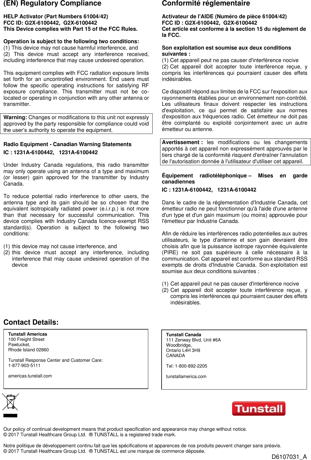 Tunstall Healthcare 6100442 TX4 915MHz Pendant User Manual