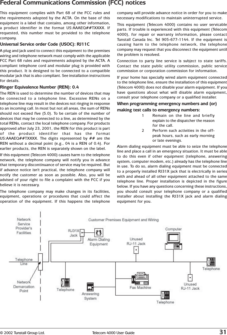 © 2002 Tunstall Group Ltd. Telecom 4000 User Guide 31This equipment complies with Part 68 of the FCC rules andthe requirements adopted by the ACTA. On the base of thisequipment is a label that contains, among other information,a product identifier in the format US:AAAEQ##TXXXX. Ifrequested, this number must be provided to the telephonecompany.Universal Service order Code (USOC): RJ11CA plug and jack used to connect this equipment to the premiseswiring and telephone network must comply with the applicableFCC Part 68 rules and requirements adopted by the ACTA. Acompliant telephone cord and modular plug is provided withthis product. It is designed to be connected to a compatiblemodular jack that is also compliant. See installation instructionsfor details.Ringer Equivalence Number (REN): 0.4The REN is used to determine the number of devices that maybe connected to a telephone line. Excessive RENs on atelephone line may result in the devices not ringing in responseto an incoming call. In most but not all areas, the sum of RENsshould not exceed five (5.0). To be certain of the number ofdevices that may be connected to a line, as determined by thetotal RENs, contact the local telephone company. For productsapproved after July 23, 2001, the REN for this product is partof the product identifier that has the formatUS:AAAEQ##TXXXX. The digits represented by ## are theREN without a decimal point (e.g., 04 is a REN of 0.4). Forearlier products, the REN is separately shown on the label.If this equipment (Telecom 4000) causes harm to the telephonenetwork, the telephone company will notify you in advancethat temporary discontinuance of service may be required. Butif advance notice isn&apos;t practical, the telephone company willnotify the customer as soon as possible. Also, you will beadvised of your right to file a complaint with the FCC if youbelieve it is necessary.The telephone company may make changes in its facilities,equipment, operations or procedures that could affect theoperation of the equipment. If this happens the telephonecompany will provide advance notice in order for you to makenecessary modifications to maintain uninterrupted service.This equipment (Telecom 4000) contains no user servicableparts. If trouble is experienced with this equipment (Telecom4000), for repair or warranty information, please contactTunstall Canada Inc. Tel 905-677-1144. If the equipment iscausing harm to the telephone network, the telephonecompany may request that you disconnect the equipment untilthe problem is resolved.Connection to party line service is subject to state tariffs.Contact the state public utility commission, public servicecommission or corporation commission for information.If your home has specially wired alarm equipment connectedto the telephone line, ensure the installation of this equipment(Telecom 4000) does not disable your alarm equipment. If youhave questions about what will disable alarm equipment,consult your telephone company or a qualified installer.When programming emergency numbers and (or)making test calls to emergency numbers:1Remain on the line and brieflyexplain to the dispatcher the reasonfor the call.2Perform such activities in the off-peak hours, such as early morningor late evenings.Alarm dialing equipment must be able to seize the telephoneline and place a call in an emergency situation. It must be ableto do this even if other equipment (telephone, answeringsystem, computer modem, etc.) already has the telephone linein use. To do so, alarm dialing equipment must be connectedto a properly installed RJ31X jack that is electrically in serieswith and ahead of all other equipment attached to the sametelephone line. Proper installation is depicted in the figurebelow. If you have any questions concerning these instructions,you should consult your telephone company or a qualifiedinstaller about installing the RJ31X jack and alarm dialingequipment for you.Federal Communications Commission (FCC) notices