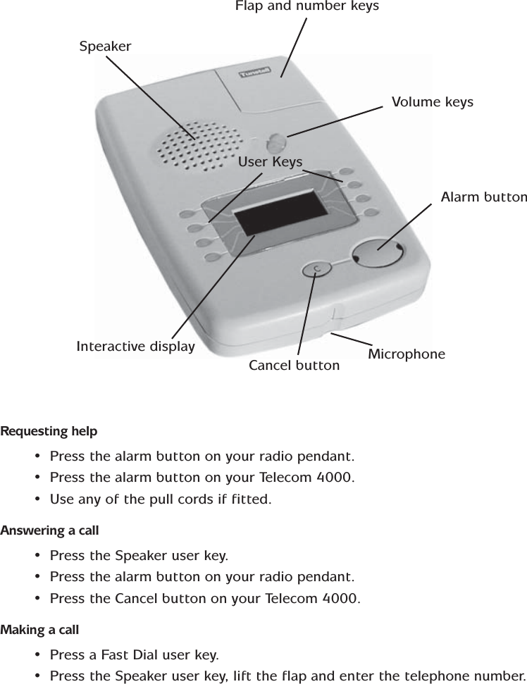 SpeakerMicrophoneAlarm buttonCancel buttonUser KeysVolume keysFlap and number keysInteractive displayRequesting help•Press the alarm button on your radio pendant.•Press the alarm button on your Telecom 4000.•Use any of the pull cords if fitted.Answering a call•Press the Speaker user key.•Press the alarm button on your radio pendant.•Press the Cancel button on your Telecom 4000.Making a call•Press a Fast Dial user key.•Press the Speaker user key, lift the flap and enter the telephone number.