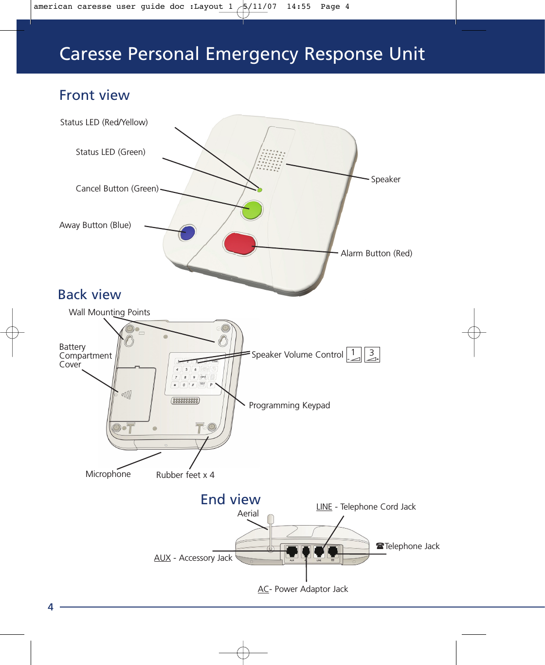 Caresse Personal Emergency Response Unit4SpeakerStatus LED (Green)Cancel Button (Green)Away Button (Blue)Alarm Button (Red)Wall Mounting PointsBatteryCompartmentCoverProgramming KeypadAC- Power Adaptor JackAUX - Accessory JackTelephone JackLINE - Telephone Cord JackSpeaker Volume ControlRubber feet x 4MicrophoneFront viewBack viewEnd viewStatus LED (Red/Yellow)13Aerialamerican caresse user guide doc :Layout 1  5/11/07  14:55  Page 4