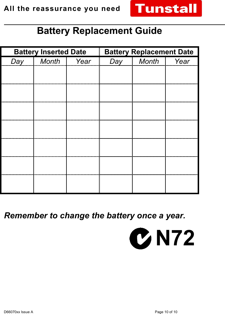 All the reassurance you need                                                                                                              D66070xx Issue A Page 10 of 10Battery Replacement GuideBattery Inserted Date Battery Replacement DateDay Month Year Day Month YearRemember to change the battery once a year.N72