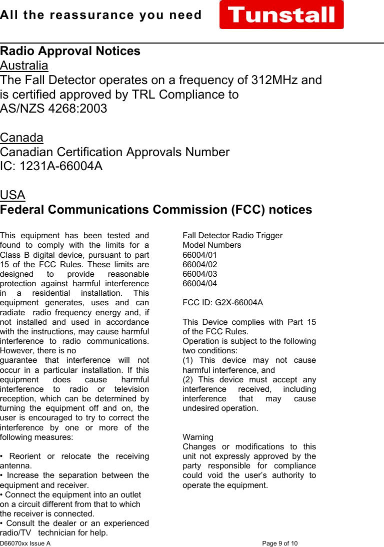 All the reassurance you need                                                                                                              D66070xx Issue A Page 9 of 10Radio Approval NoticesAustraliaThe Fall Detector operates on a frequency of 312MHz andis certified approved by TRL Compliance toAS/NZS 4268:2003CanadaCanadian Certification Approvals NumberIC: 1231A-66004AUSAFederal Communications Commission (FCC) noticesThis equipment has been tested andfound to comply with the limits for aClass B digital device, pursuant to part15 of the FCC Rules. These limits aredesigned to provide reasonableprotection against harmful interferencein a residential installation. Thisequipment generates, uses and canradiate  radio frequency energy and, ifnot installed and used in accordancewith the instructions, may cause harmfulinterference to radio communications.However, there is noguarantee that interference will notoccur in a particular installation. If thisequipment does cause harmfulinterference to radio or televisionreception, which can be determined byturning the equipment off and on, theuser is encouraged to try to correct theinterference by one or more of thefollowing measures:• Reorient or relocate the receivingantenna.• Increase the separation between theequipment and receiver.• Connect the equipment into an outleton a circuit different from that to whichthe receiver is connected.• Consult the dealer or an experiencedradio/TV   technician for help.Fall Detector Radio TriggerModel Numbers66004/0166004/0266004/0366004/04FCC ID: G2X-66004AThis Device complies with Part 15of the FCC Rules.Operation is subject to the followingtwo conditions:(1) This device may not causeharmful interference, and(2) This device must accept anyinterference received, includinginterference that may causeundesired operation.WarningChanges or modifications to thisunit not expressly approved by theparty responsible for compliancecould void the user’s authority tooperate the equipment.