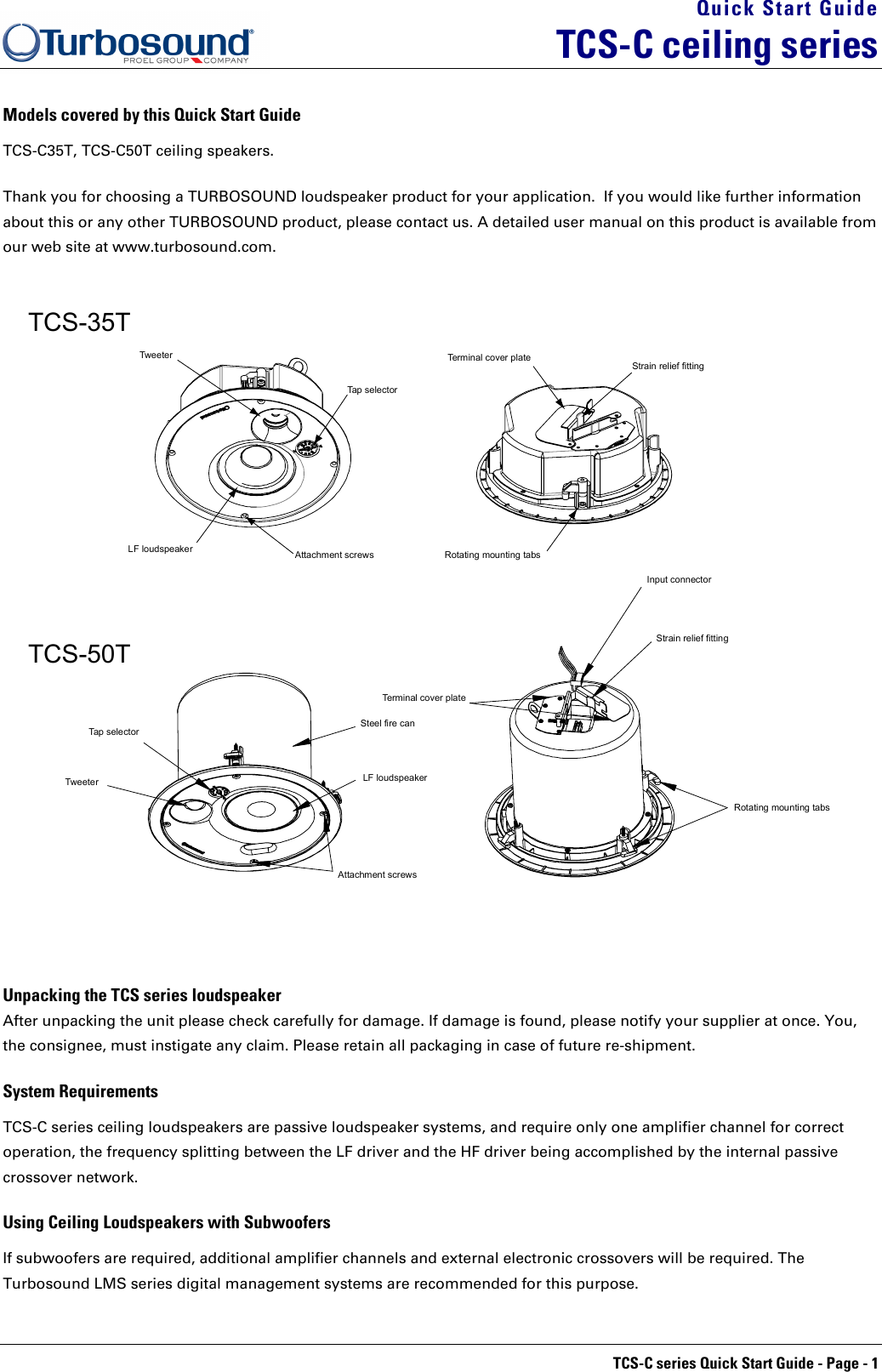 Page 1 of 4 - Turbosound Turbosound-Tcs-C35T-Users-Manual TCS-C Quickstart V1.0