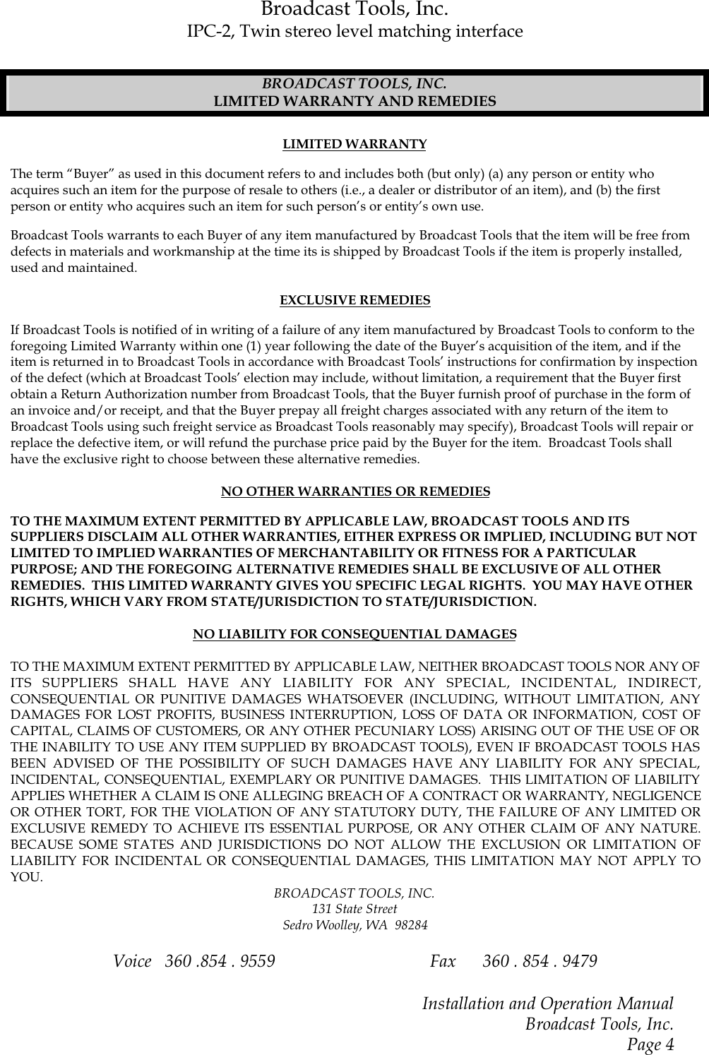 Turner Broadcasting System Twin Stereo Level Matching Interface Ipc 2