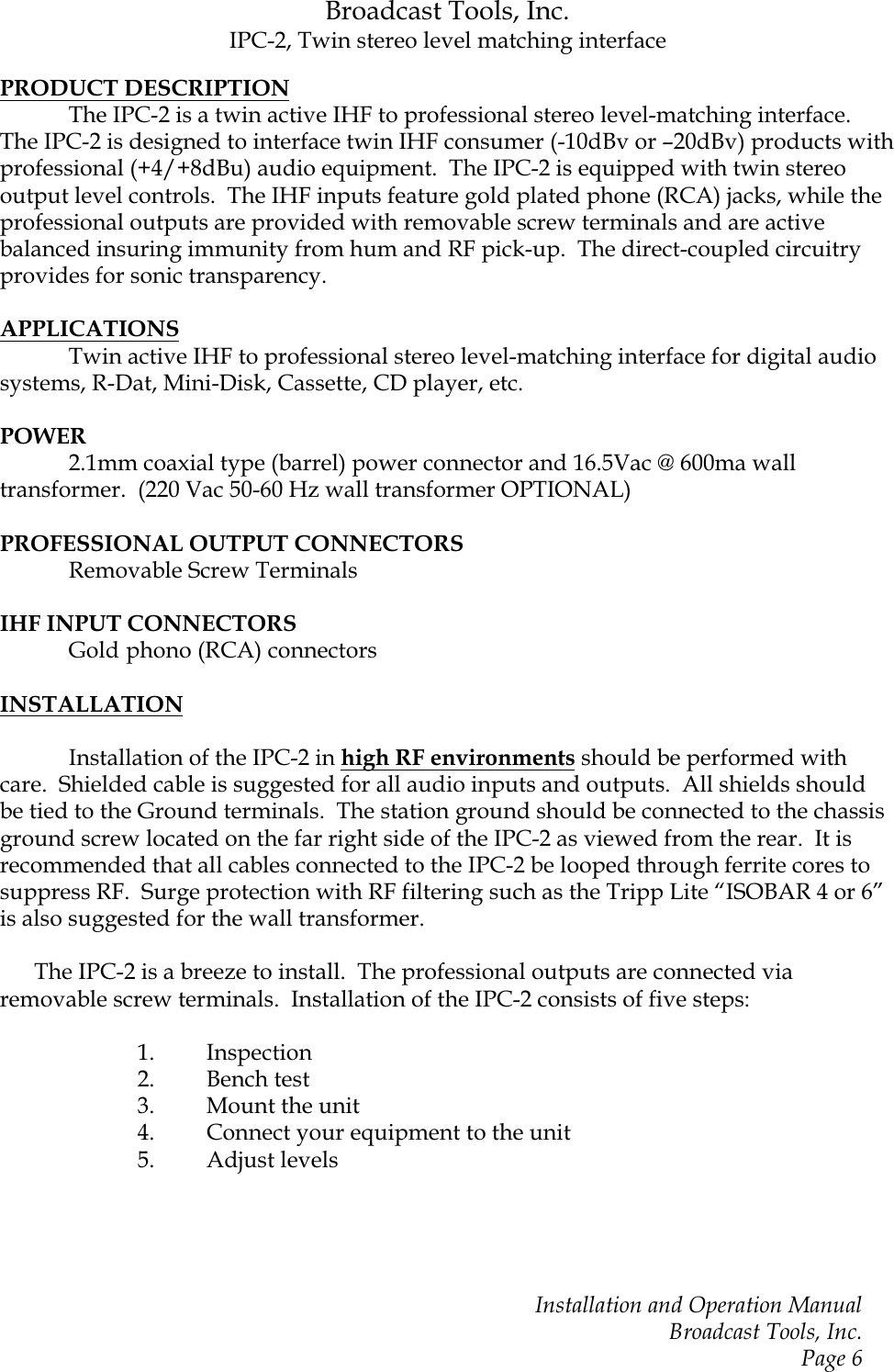Turner Broadcasting System Twin Stereo Level Matching Interface Ipc 2