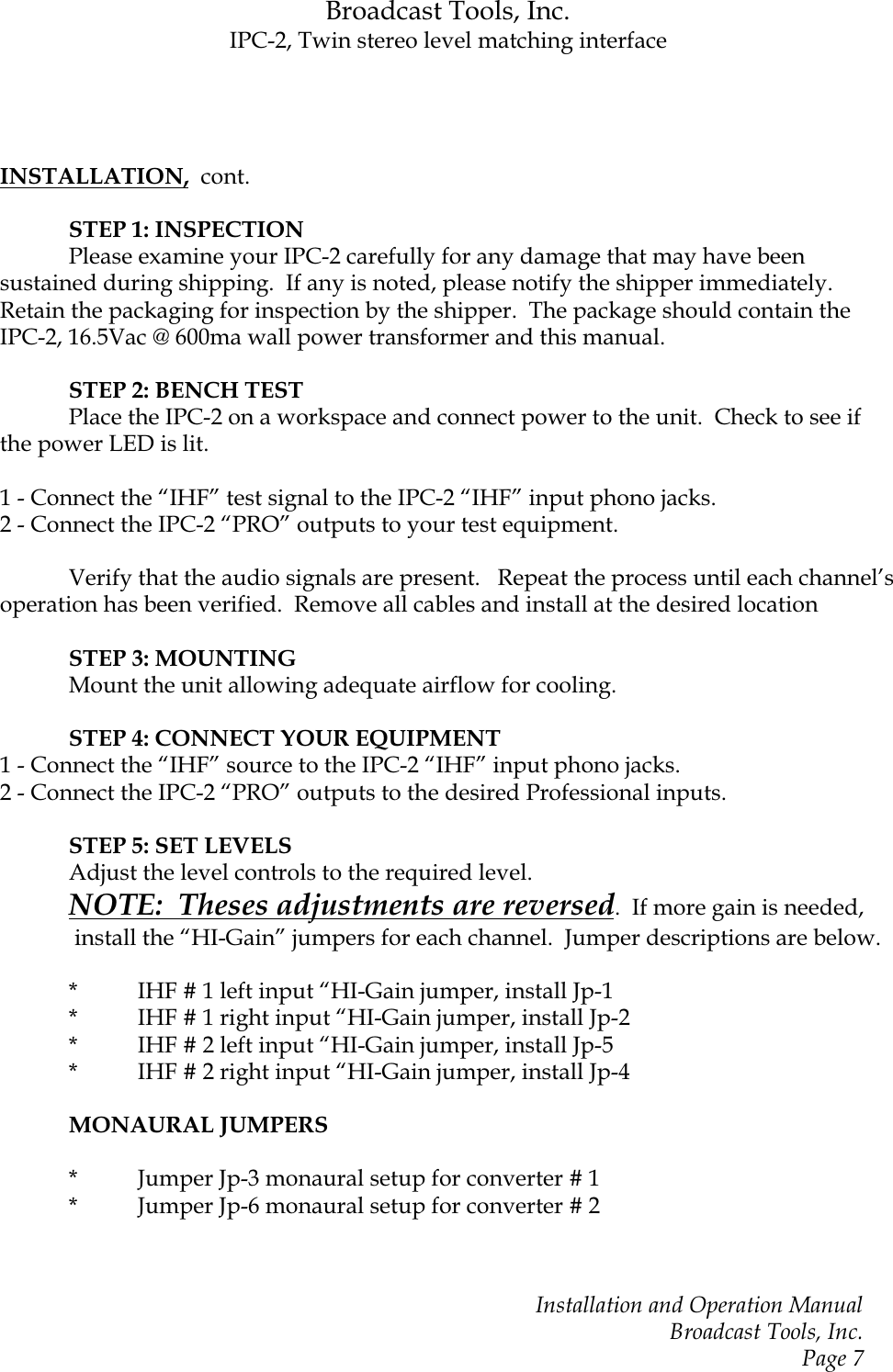 Turner Broadcasting System Twin Stereo Level Matching Interface Ipc 2