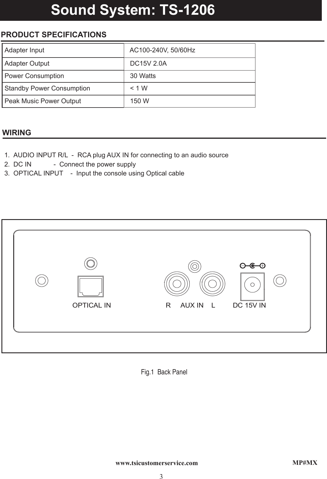 MP#MX3www.tsicustomerservice.comPRODUCT SPECIFICATIONS WIRINGAdapter Input   AC100-240V, 50/60HzAdapter Output   DC15V 2.0APower Consumption    30 WattsStandby Power Consumption   &lt; 1 WPeak Music Power Output   150 WOPTICAL IN                            R     AUX IN    L         DC 15V IN1.  AUDIO INPUT R/L  -  RCA plug AUX IN for connecting to an audio source2.  DC IN            -  Connect the power supply3.  OPTICAL INPUT    -  Input the console using Optical cableIpod Dock: TS-ID01JFig.1  Back Panel Sound System: TS-1206
