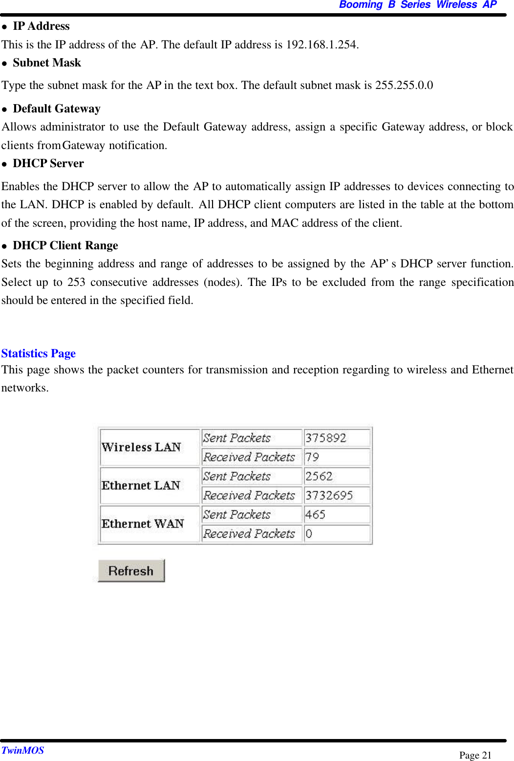  Booming B Series Wireless AP TwinMOS Page 21 l IP Address This is the IP address of the AP. The default IP address is 192.168.1.254. l Subnet Mask Type the subnet mask for the AP in the text box. The default subnet mask is 255.255.0.0   l Default Gateway   Allows administrator to use the Default Gateway address, assign a specific Gateway address, or block clients from Gateway notification. l DHCP Server   Enables the DHCP server to allow the AP to automatically assign IP addresses to devices connecting to the LAN. DHCP is enabled by default. All DHCP client computers are listed in the table at the bottom of the screen, providing the host name, IP address, and MAC address of the client.   l DHCP Client Range   Sets the beginning address and range of addresses to be assigned by the AP’s DHCP server function. Select up to 253 consecutive addresses (nodes). The IPs to be excluded from the range specification should be entered in the specified field.   Statistics Page This page shows the packet counters for transmission and reception regarding to wireless and Ethernet networks.                   