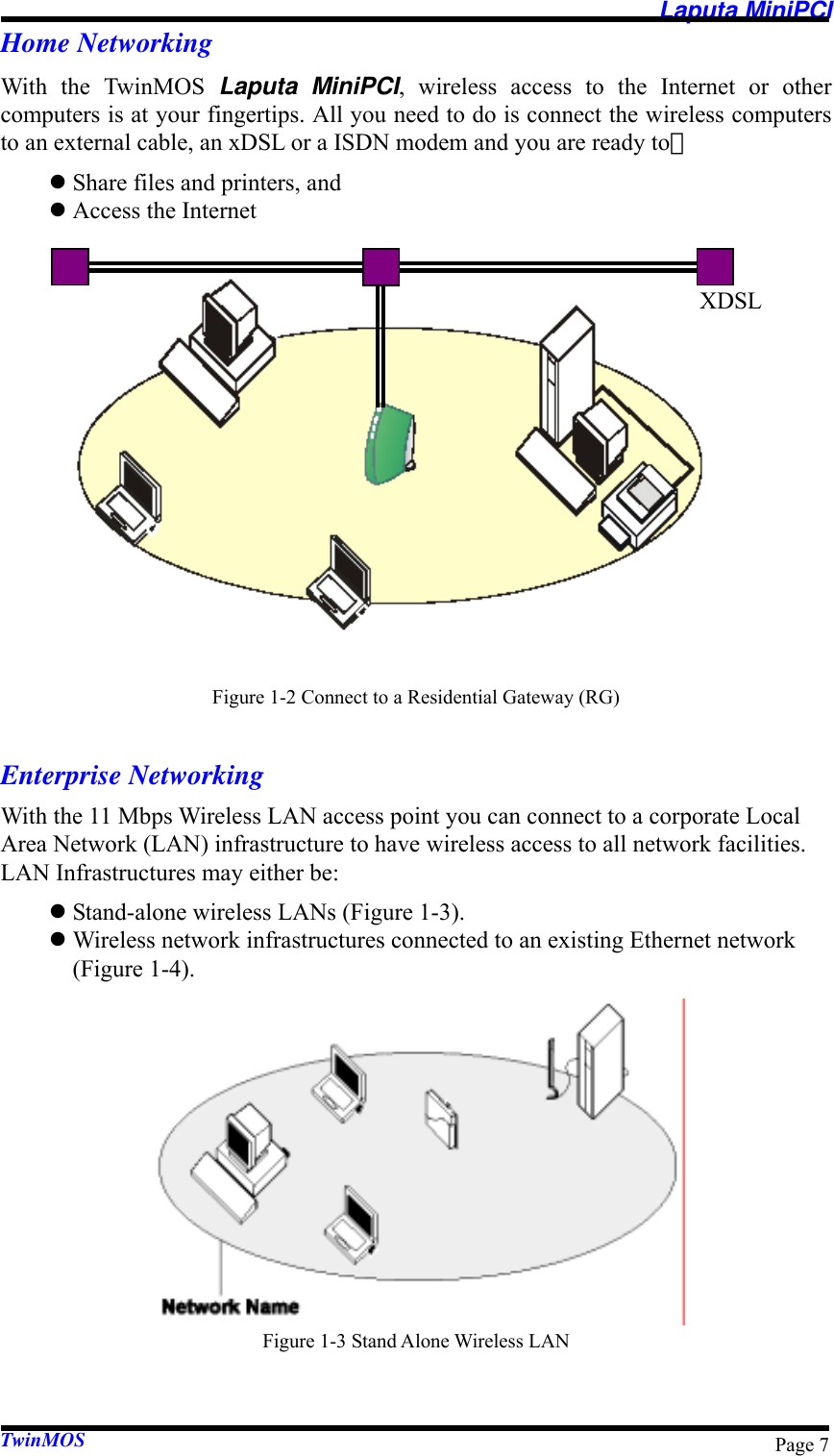  Laputa MiniPCI TwinMOS  Page 7Home Networking With the TwinMOS Laputa MiniPCI, wireless access to the Internet or other computers is at your fingertips. All you need to do is connect the wireless computers to an external cable, an xDSL or a ISDN modem and you are ready to： z Share files and printers, and z Access the Internet  Figure 1-2 Connect to a Residential Gateway (RG)  Enterprise Networking With the 11 Mbps Wireless LAN access point you can connect to a corporate Local Area Network (LAN) infrastructure to have wireless access to all network facilities. LAN Infrastructures may either be: z Stand-alone wireless LANs (Figure 1-3). z Wireless network infrastructures connected to an existing Ethernet network (Figure 1-4). Figure 1-3 Stand Alone Wireless LAN XDSL 