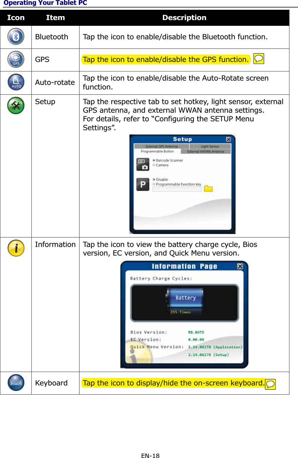 Operating Your Tablet PCEN-18 Icon Item DescriptionBluetooth  Tap the icon to enable/disable the Bluetooth function. GPS  Tap the icon to enable/disable the GPS function. Auto-rotate  Tap the icon to enable/disable the Auto-Rotate screen function. Setup  Tap the respective tab to set hotkey, light sensor, external GPS antenna, and external WWAN antenna settings.  For details, refer to “Configuring the SETUP Menu Settings”. Information Tap the icon to view the battery charge cycle, Bios version, EC version, and Quick Menu version. Keyboard  Tap the icon to display/hide the on-screen keyboard. Tap the icon to enable/disable the GPS function. Tap the icon to display/hide the on-screen keyboard. 