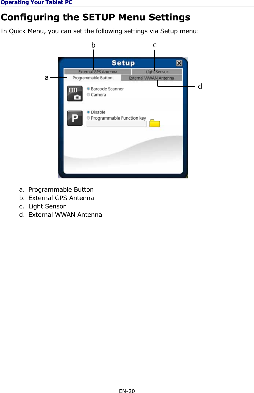 Operating Your Tablet PCEN-20 Configuring the SETUP Menu Settings In Quick Menu, you can set the following settings via Setup menu: adbca. Programmable Button b. External GPS Antenna c. Light Sensor d. External WWAN Antenna 